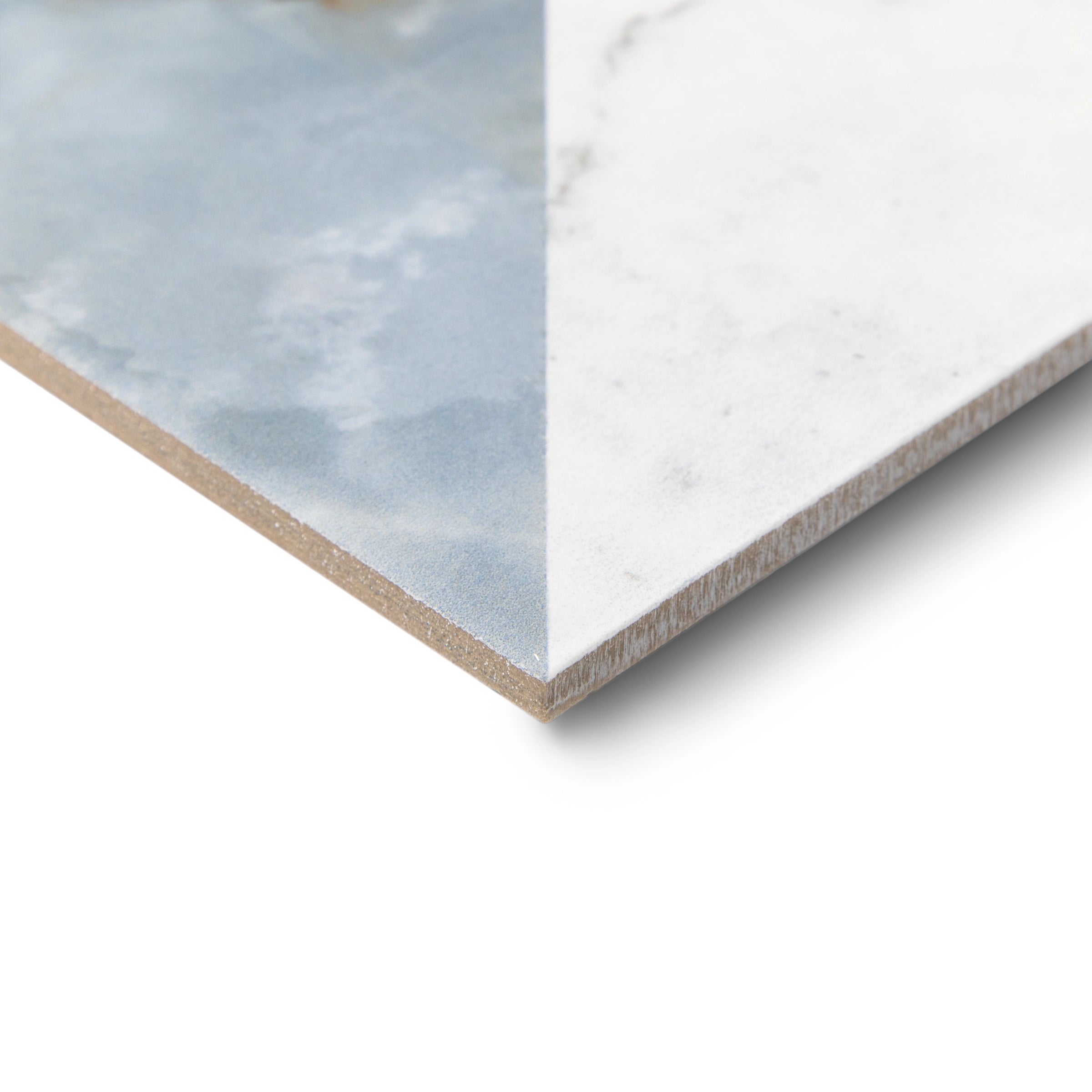 Terrazza Statuario Marble Look Matte Porcelain Tile Sample showing porcelain tile edge with marble and blue cloud patterns from Porcelain SAMPLES ONLY