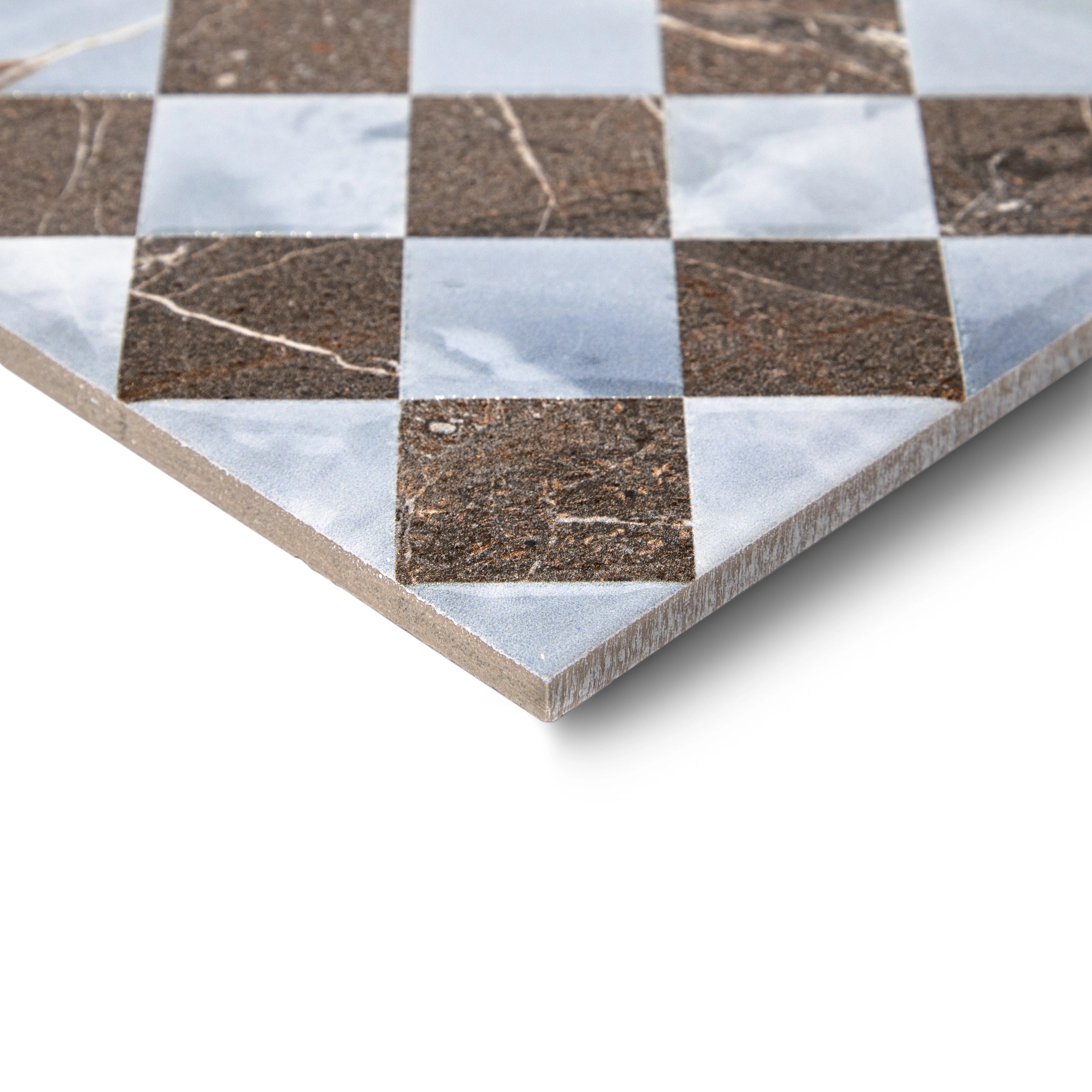 Botanica Imperial Umber Marble Look Matte Porcelain Tile Sample showing checkerboard porcelain tile design from Porcelain SAMPLES ONLY collection