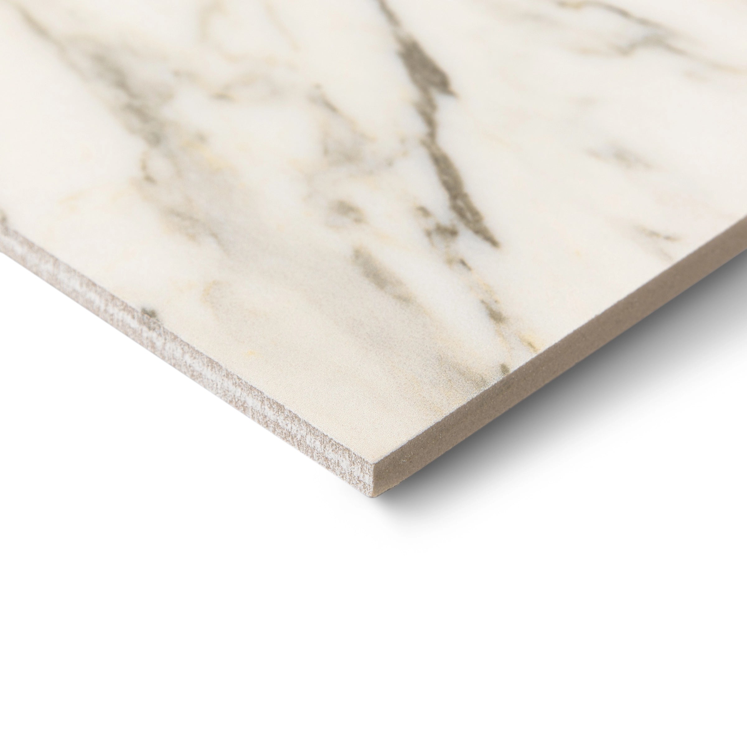 Close-up of a porcelain tile with subtle beige and gray marble-like veining on a smooth, matte surface