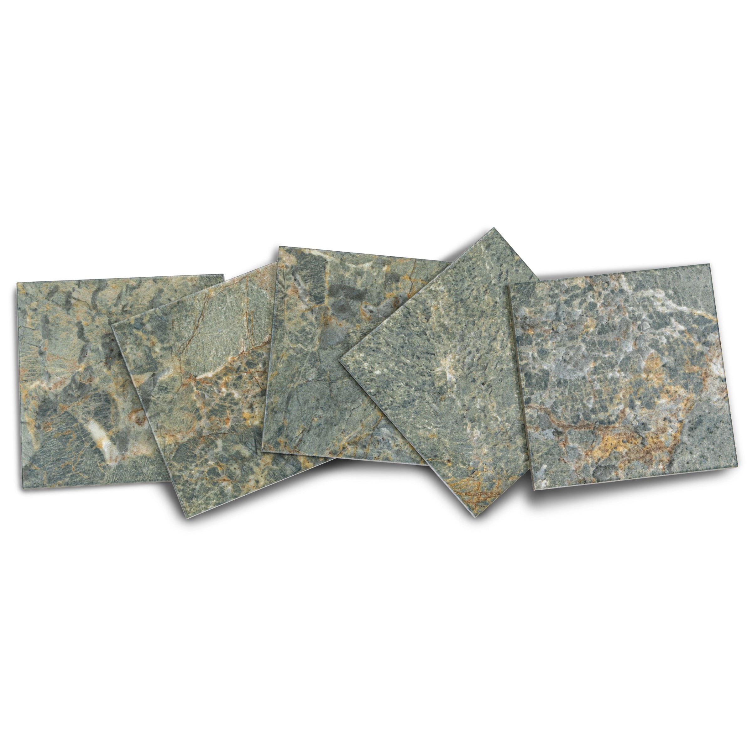 Five square porcelain tiles with a green and brown natural stone marble texture overlapping on white background