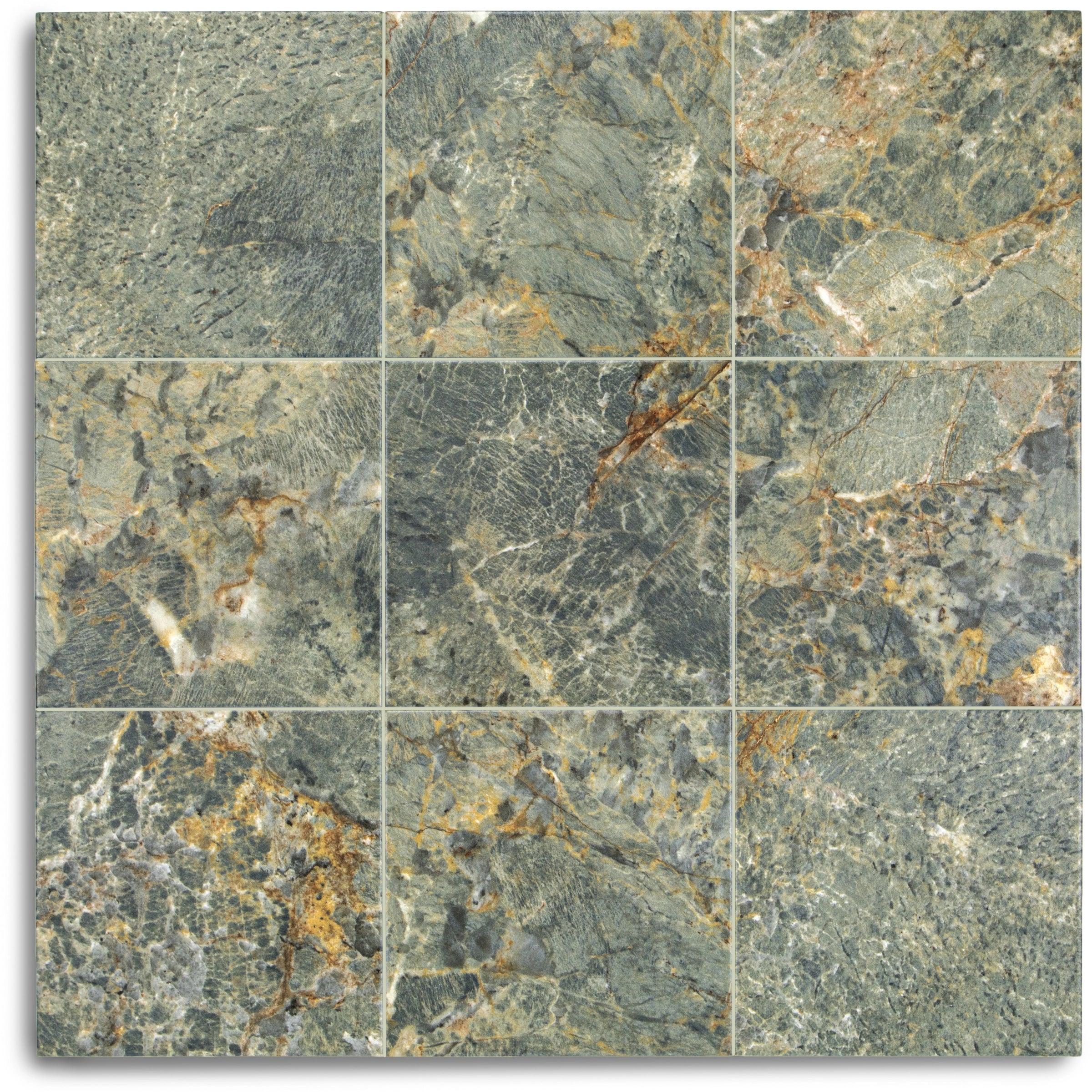 Villa Marble Look Matte Porcelain Tile in sky blue, brown, and green tones from New Arrivals, Small Format Tiles collection