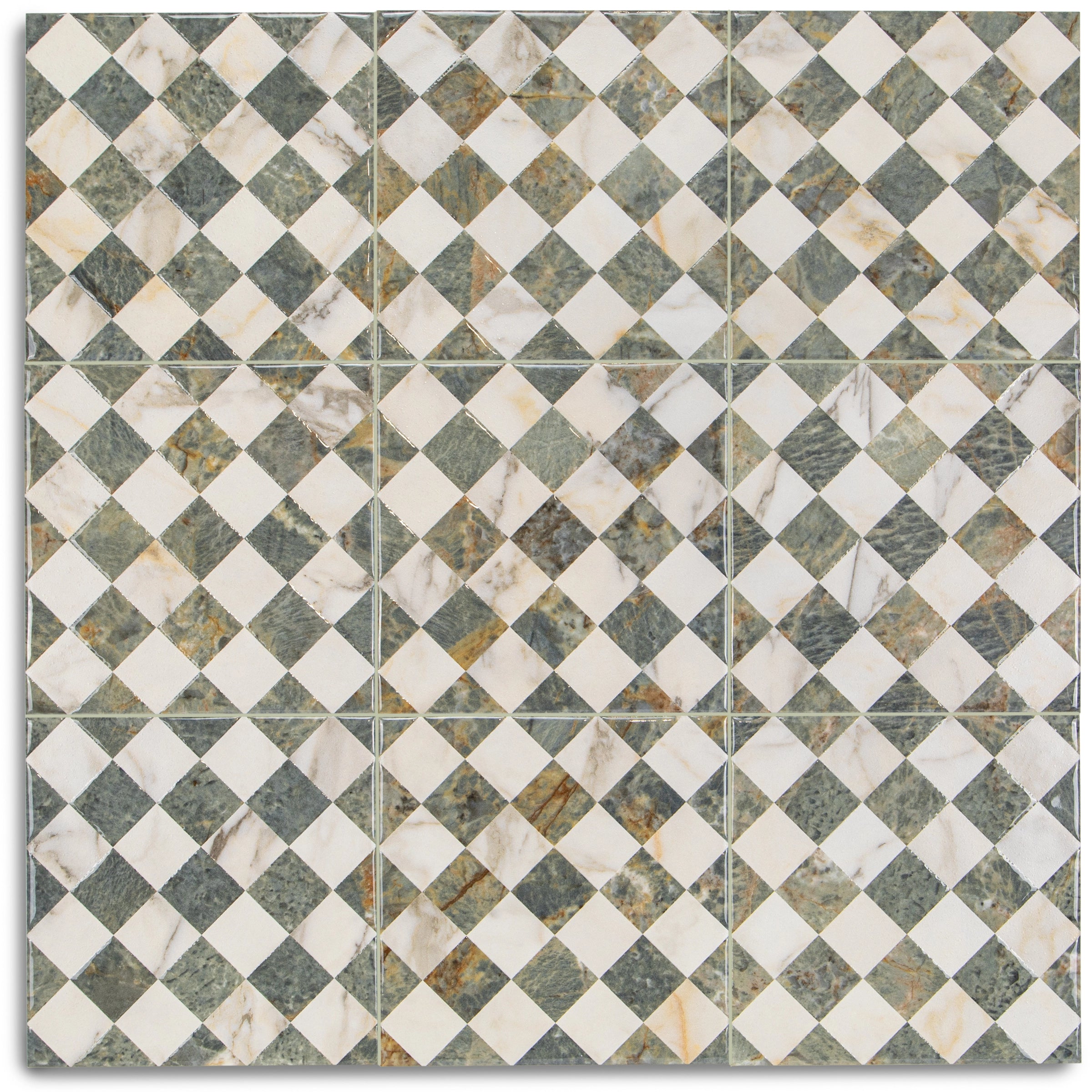 Botanica Marble Look Matte Porcelain Tile in green, white, brown, and sky blue from Small Format Tiles porcelain collection