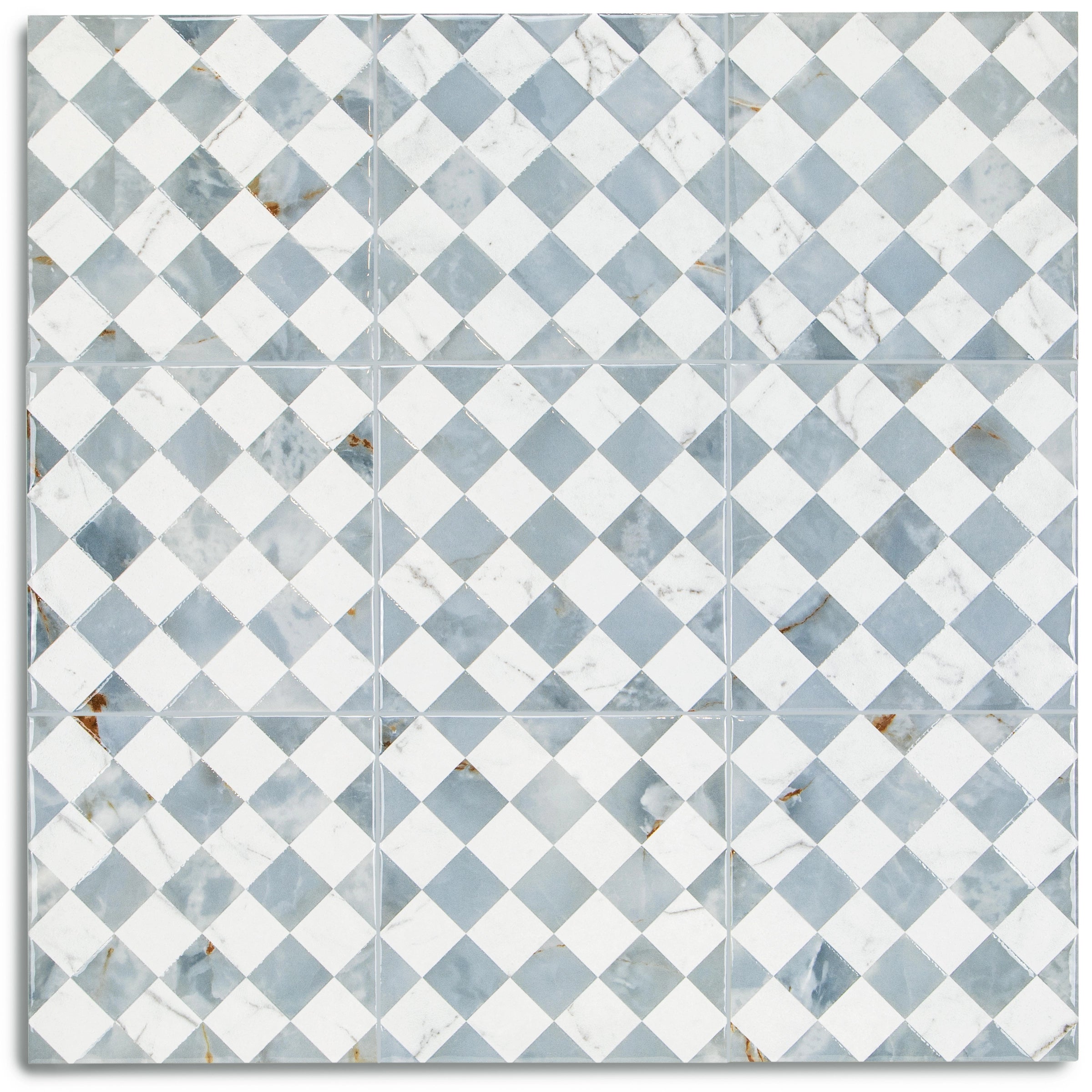 Botanica Marble Look Matte Porcelain Tile in green, white, and sky blue from Small Format Tiles, Porcelain collection.