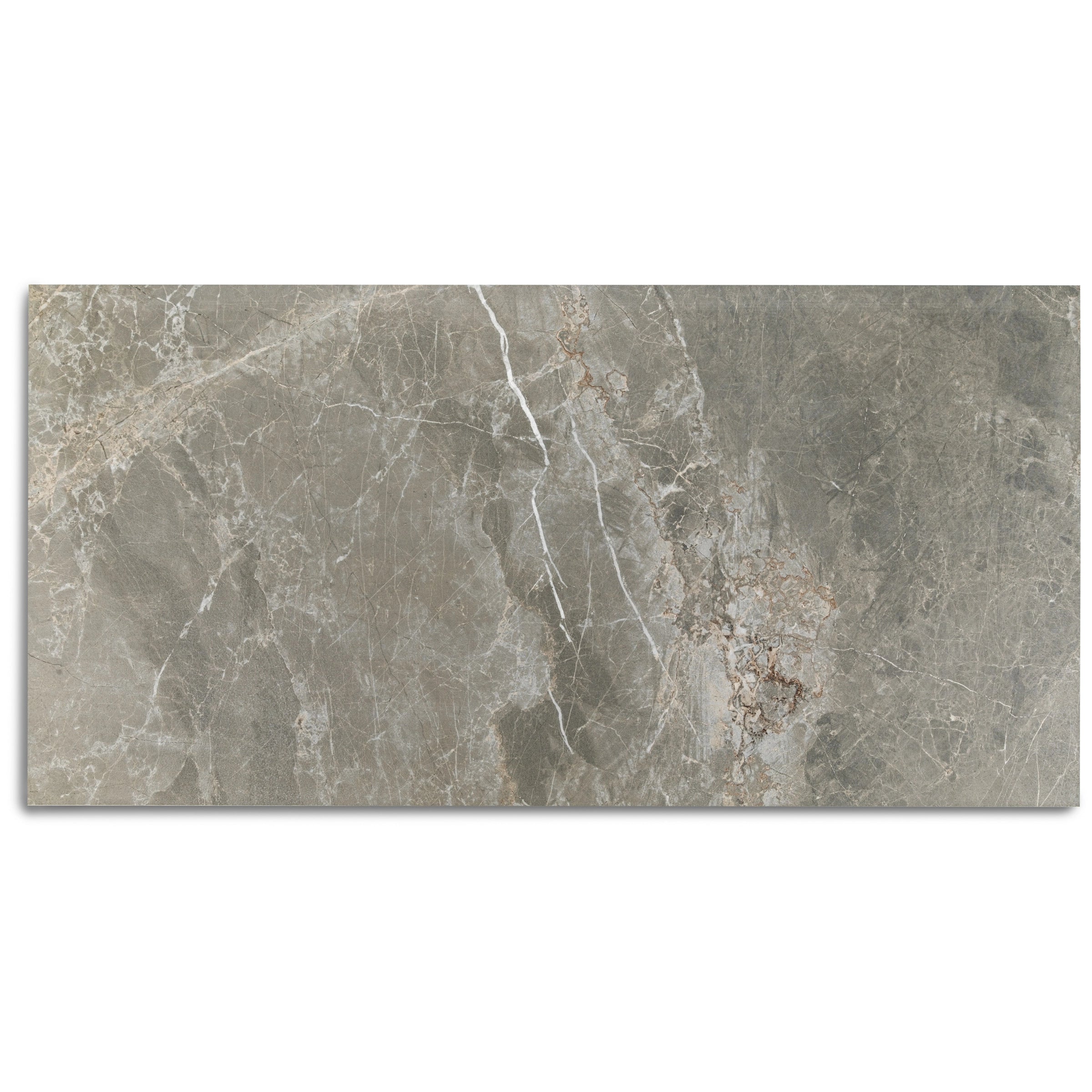 Gray porcelain tile with natural stone-inspired texture featuring subtle white and brown veining in a matte finish