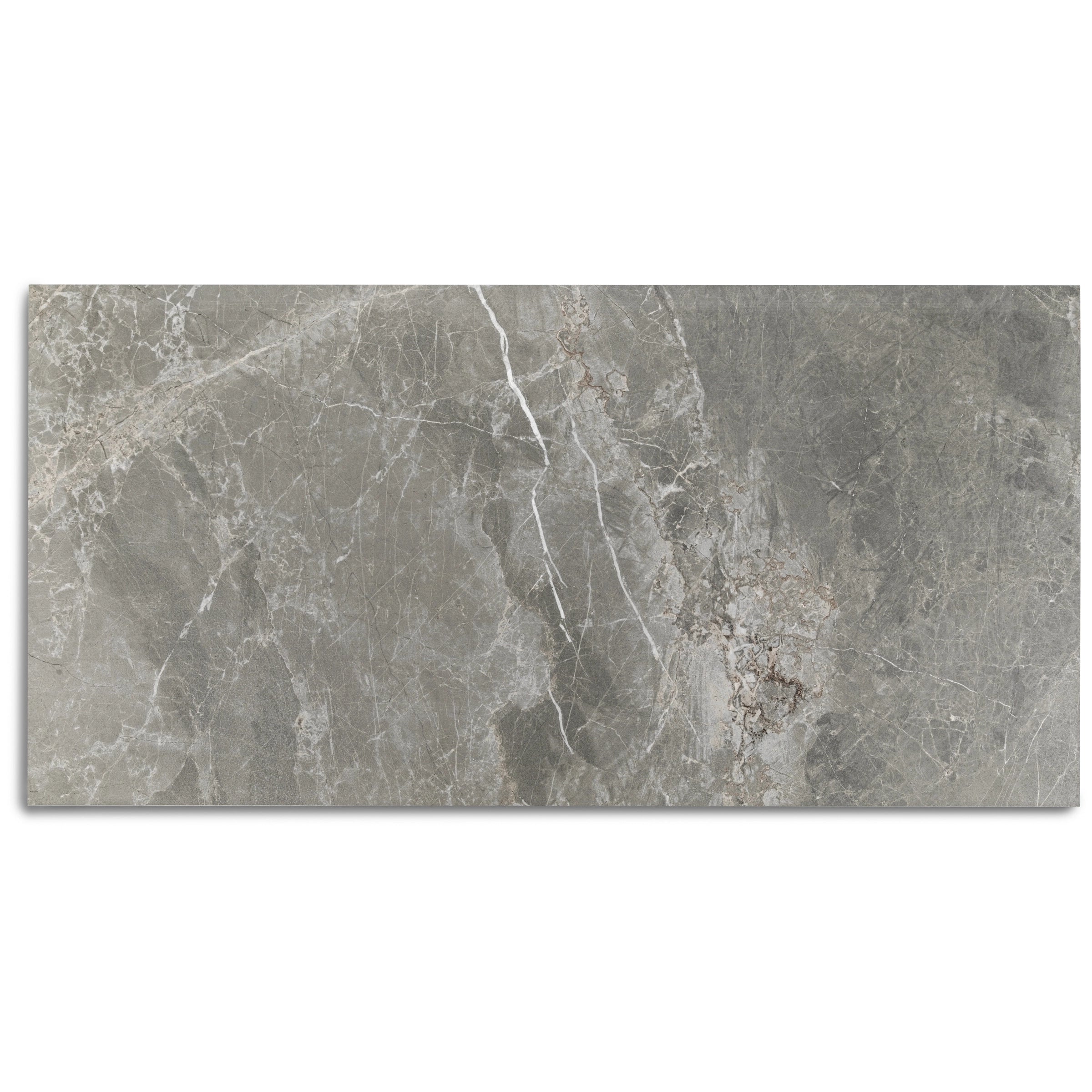 Fior de Bosco Marble Look Porcelain Tile in grey taupe with natural veining, ideal for large format tile flooring and walls.
