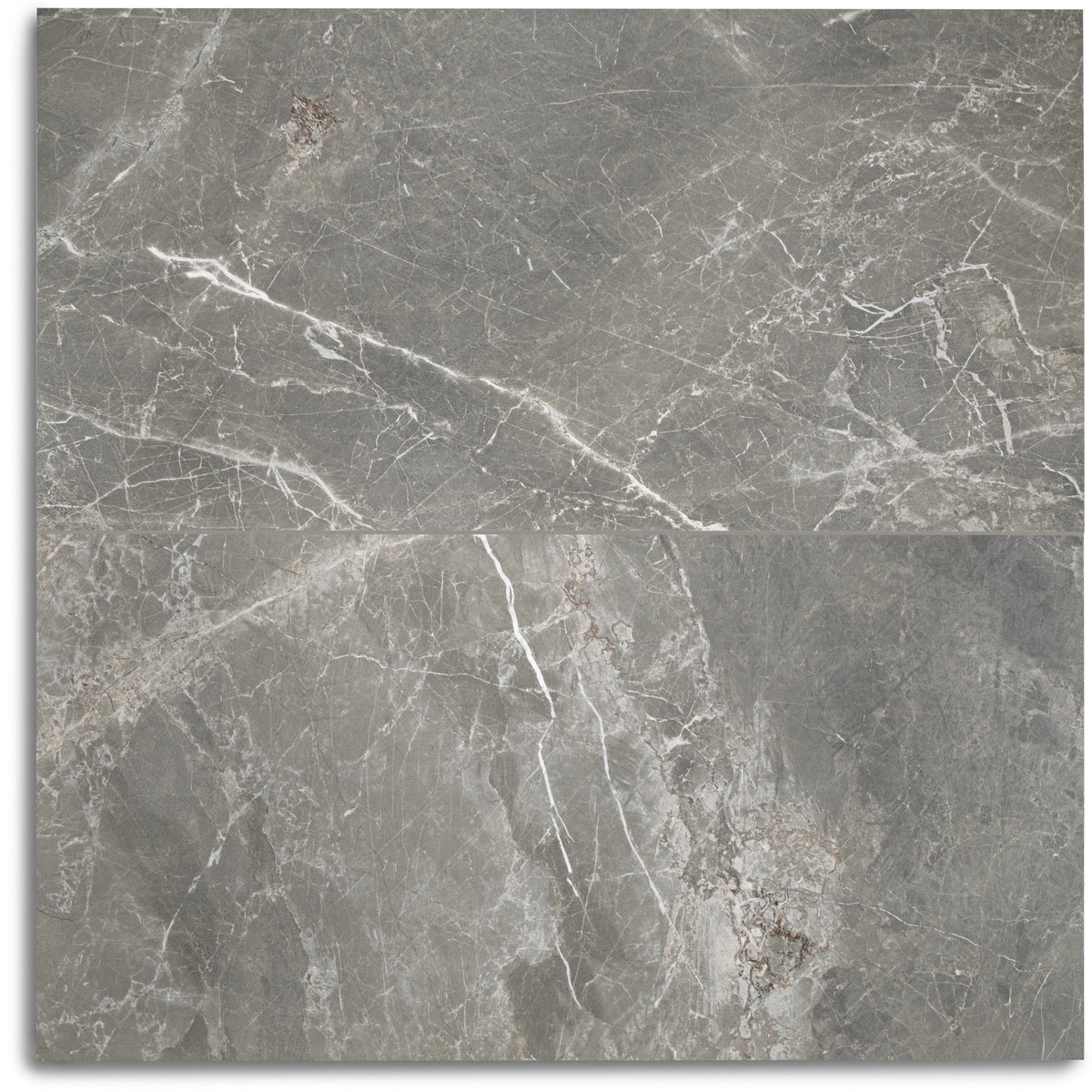 Fior de Bosco Marble Look Porcelain Tile in taupe grey with organic white veining and cloudy depth