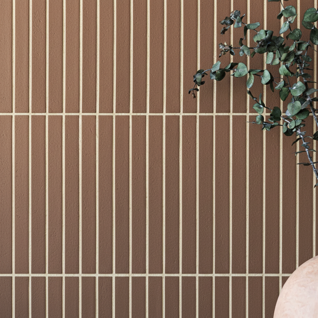 Matte textured large format brown ceramic tiles arranged with narrow grout lines and eucalyptus branches in corner