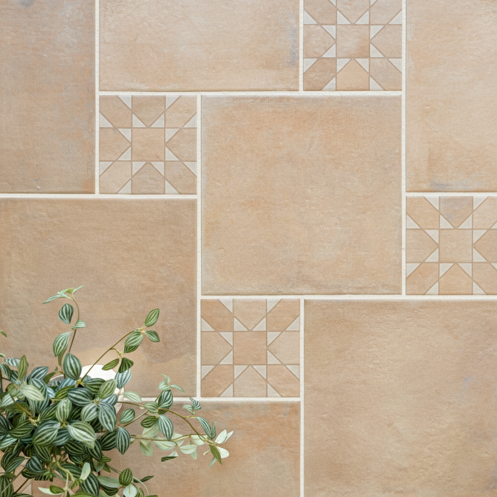 Beige ceramic tiles in a geometric pattern with square accents and a leafy green plant in the corner