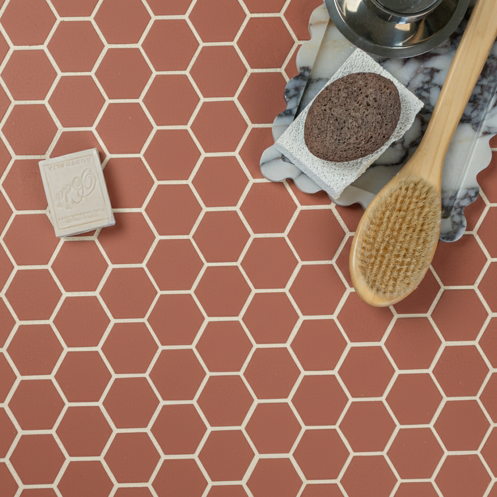 Matte terracotta hexagon tiles with beige grout, accompanied by a natural bristle brush, soap, and spa accessories on marble tray