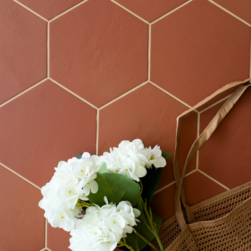 Hexagonal terracotta tiles with light grout showing texture beside white hydrangea flowers and a woven bag strap