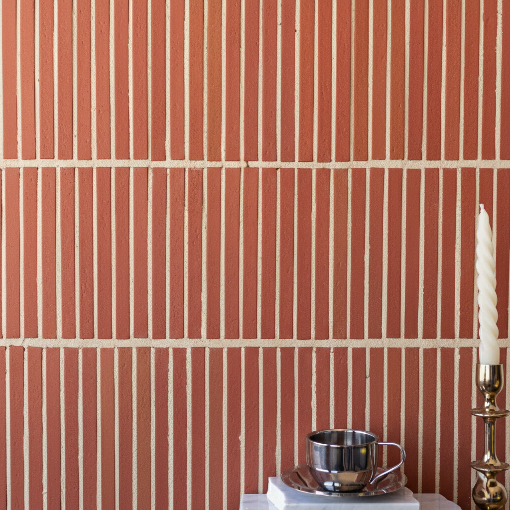 Vertical terracotta tiles with cream grout on a wall beside a metal cup and twisted white candle holder