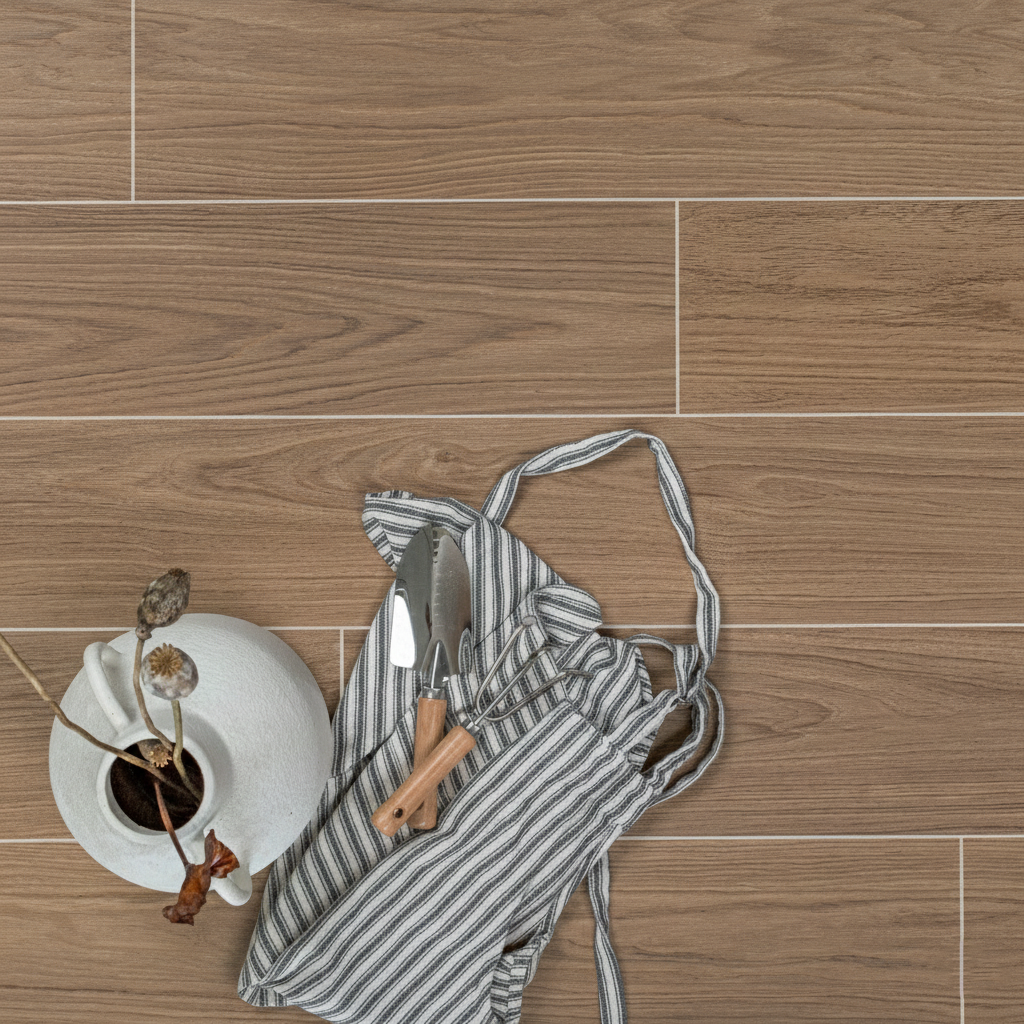 Wood-look engineered flooring in warm brown tones with a white vase and striped kitchen apron with utensils nearby