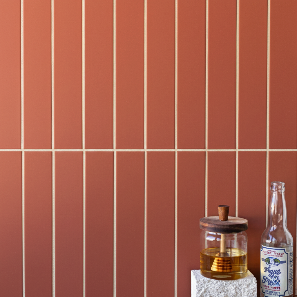 Vertical matte terracotta ceramic tiles with light grout beside a honey jar and clear glass bottle on a stone block