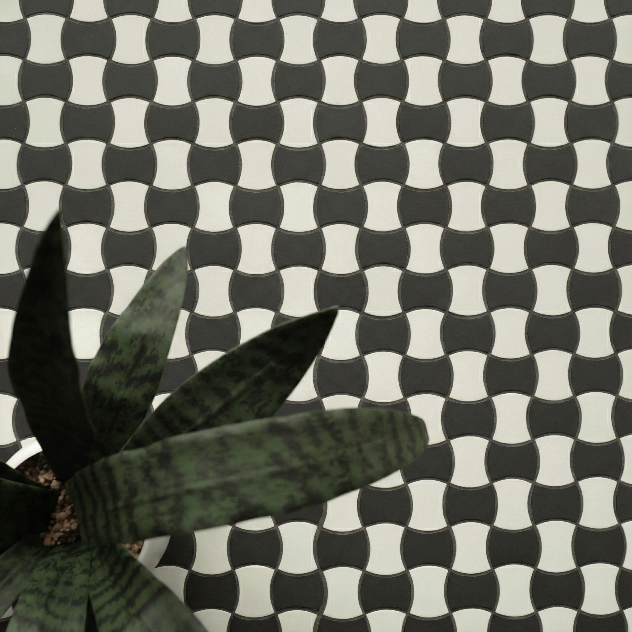 Patterned black and white ceramic tiles with curved shapes forming a wave design viewed alongside green foliage leaves