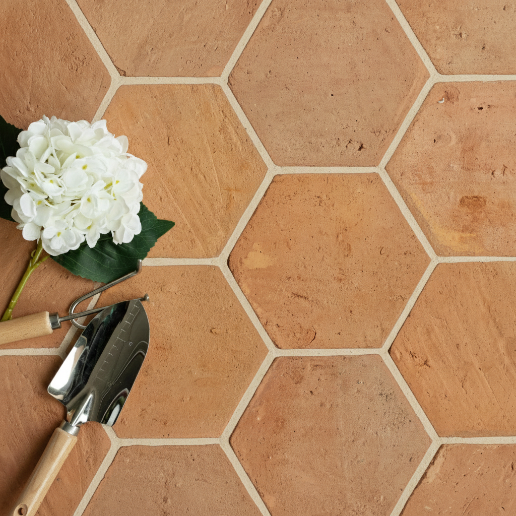 Hexagonal terracotta tiles with natural texture alongside gardening trowels and a white hydrangea bloom