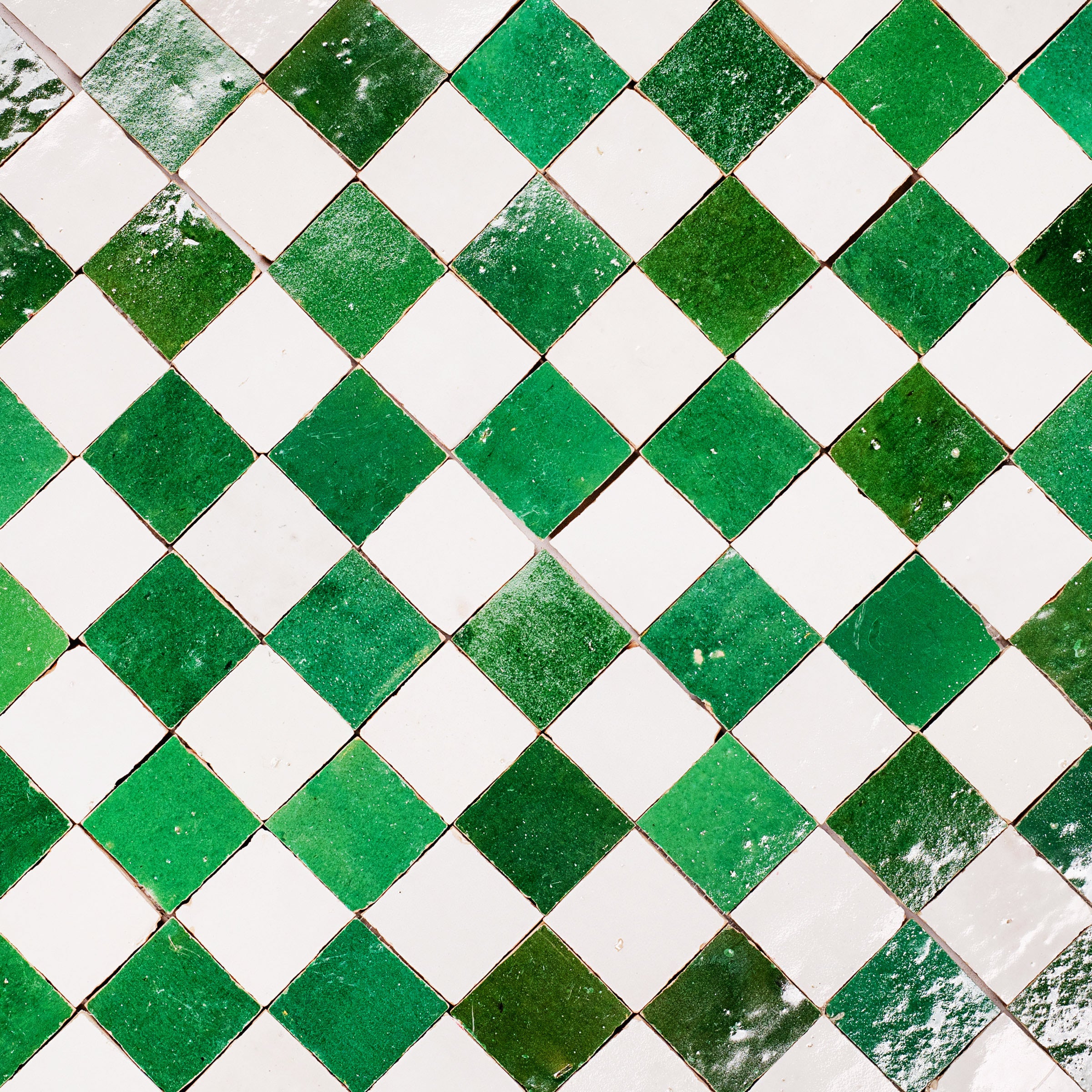 White & Jade 2x2 Zellige Checkerboard Mosaic with green and white terracotta tiles from Handmade Moroccan Zellige Tiles collection