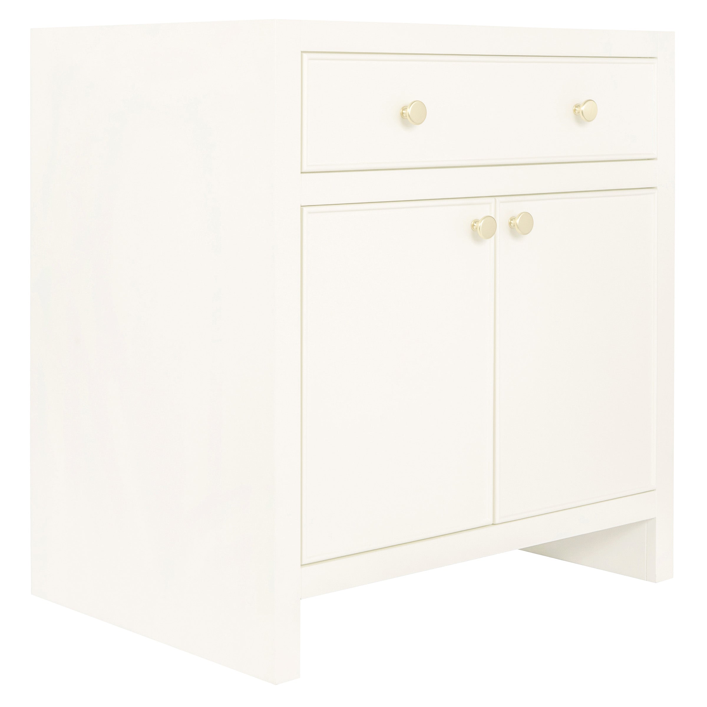 White wooden cabinet with a drawer and two doors featuring round brass knobs, minimal modern design.