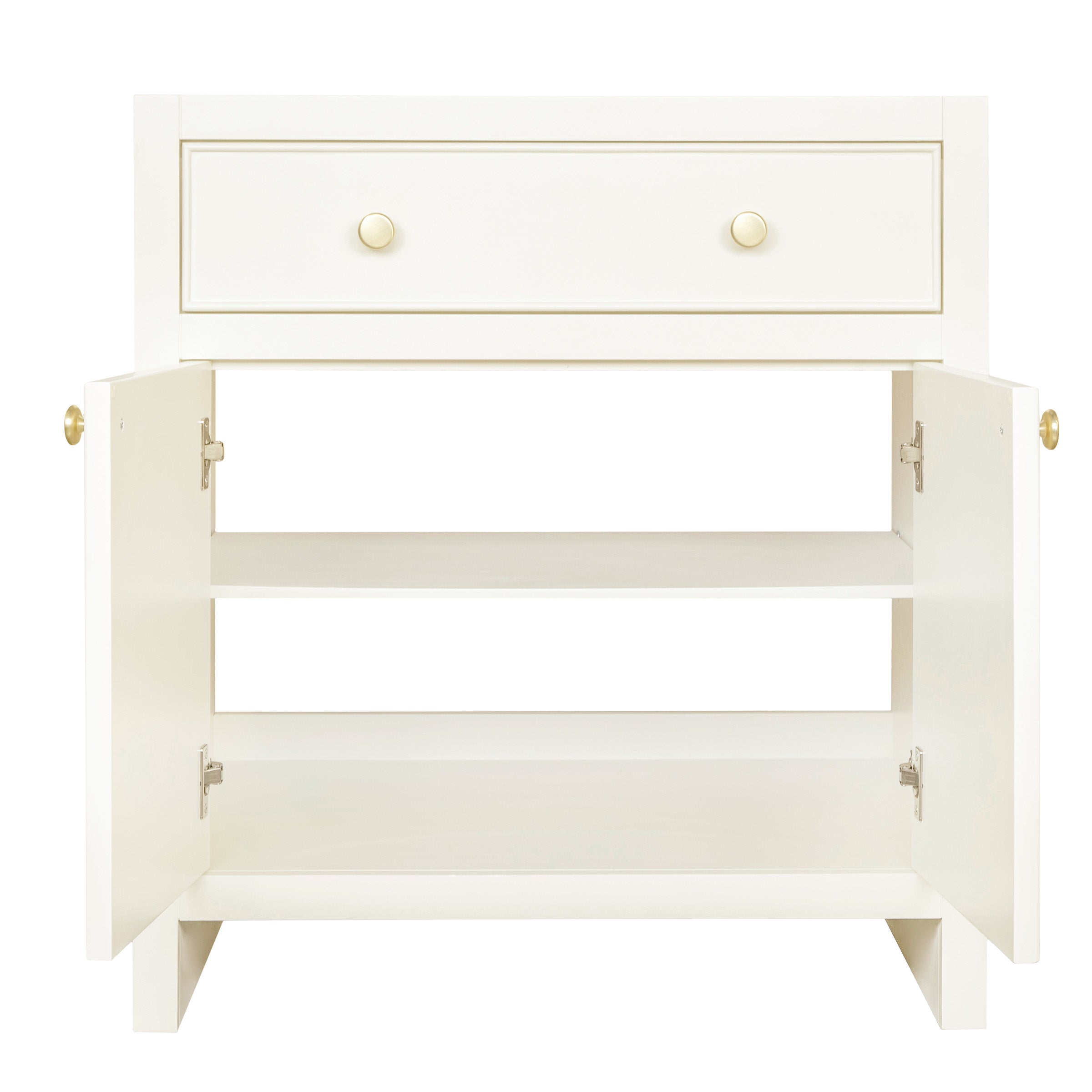 White wooden cabinet with open double doors and a single drawer featuring round knobs against a white background.