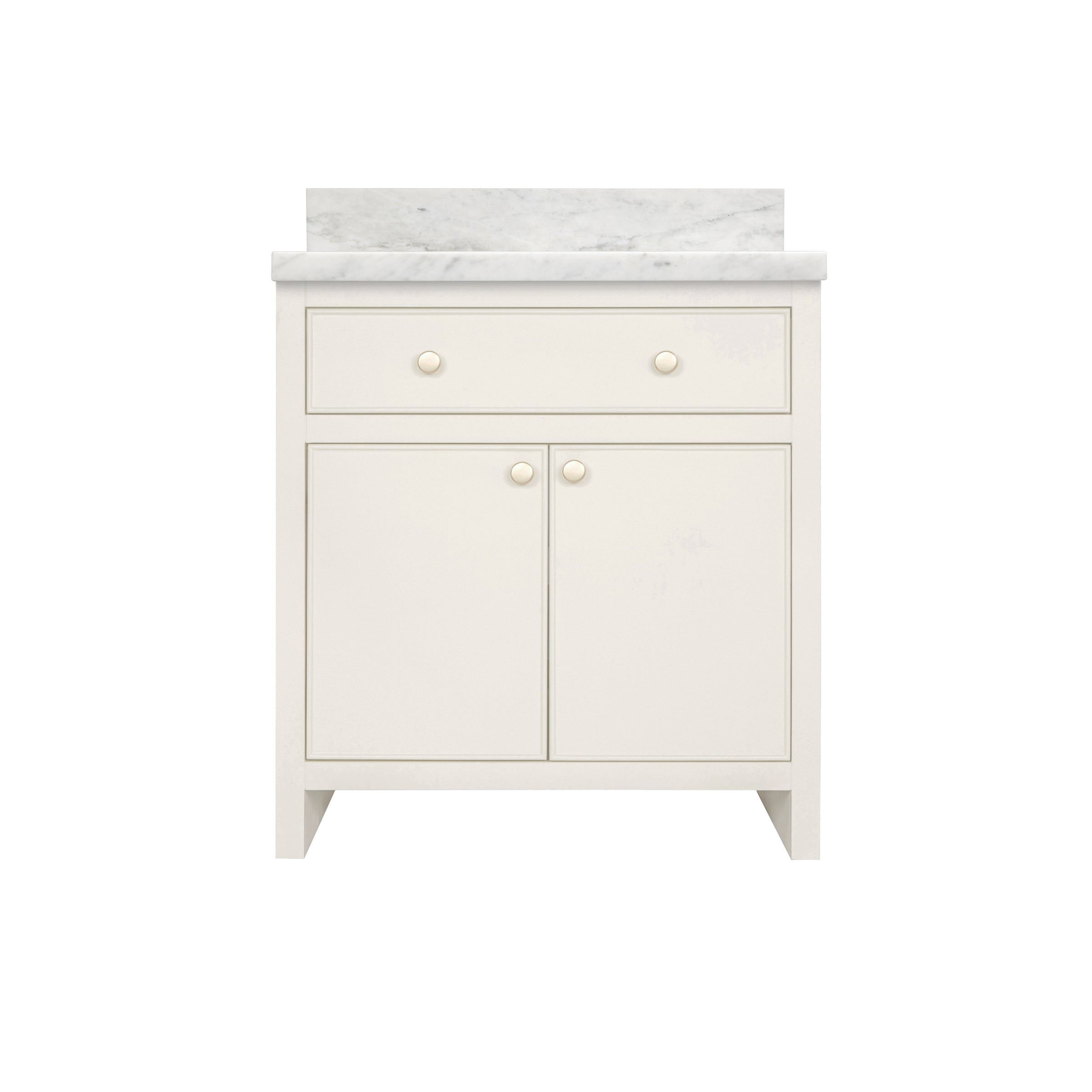 The Harlow Bathroom Vanity with marble top, taupe plaster finish, inset doors, and round knob hardware in grey tones.