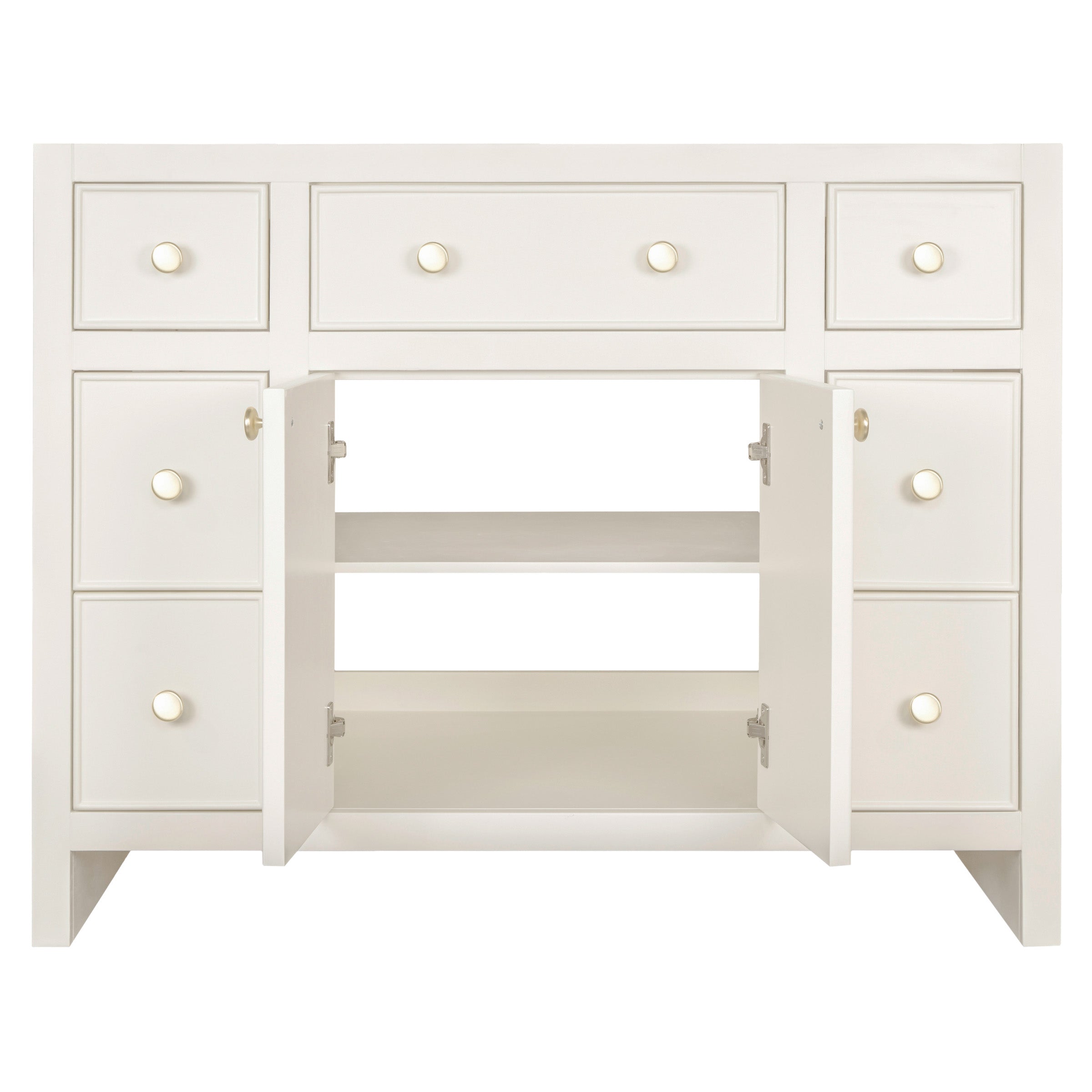 White wooden storage unit with six drawers and two open cabinet doors revealing a double shelf interior