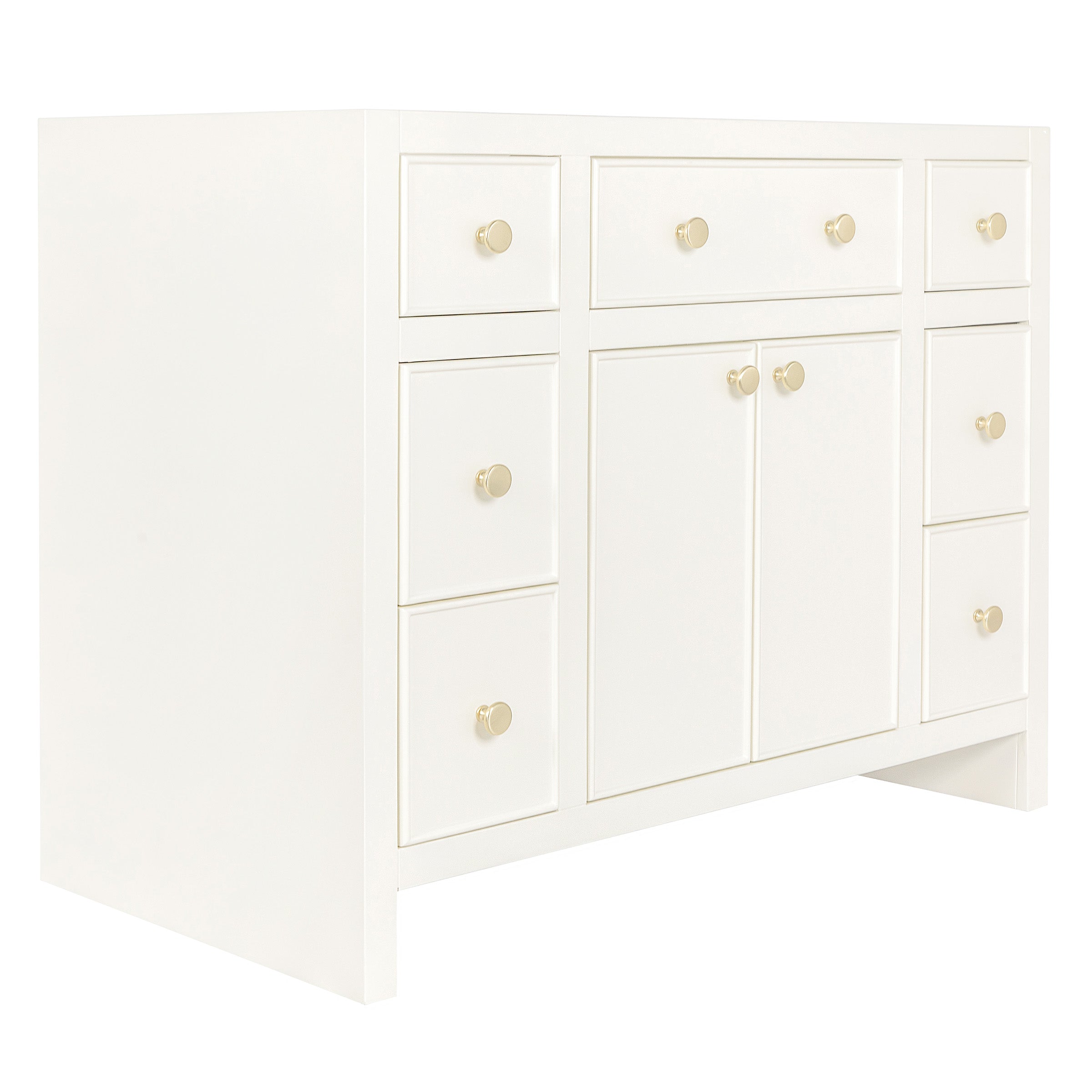 White wooden vanity cabinet with multiple drawers and two central doors, minimalist design