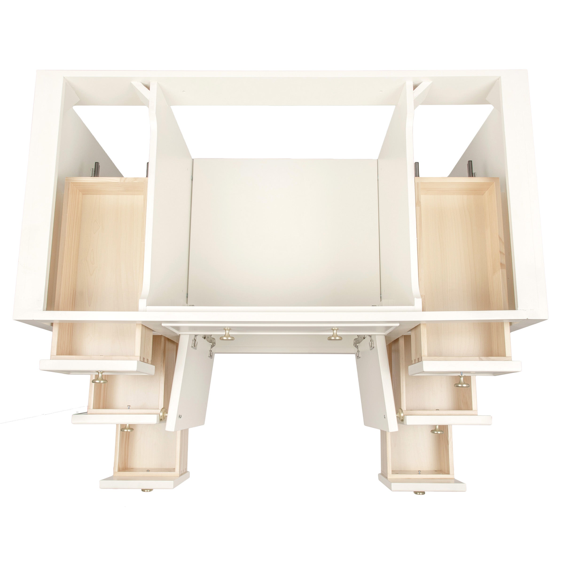 Top-down view of an empty white vanity cabinet with multiple open drawers and compartments.