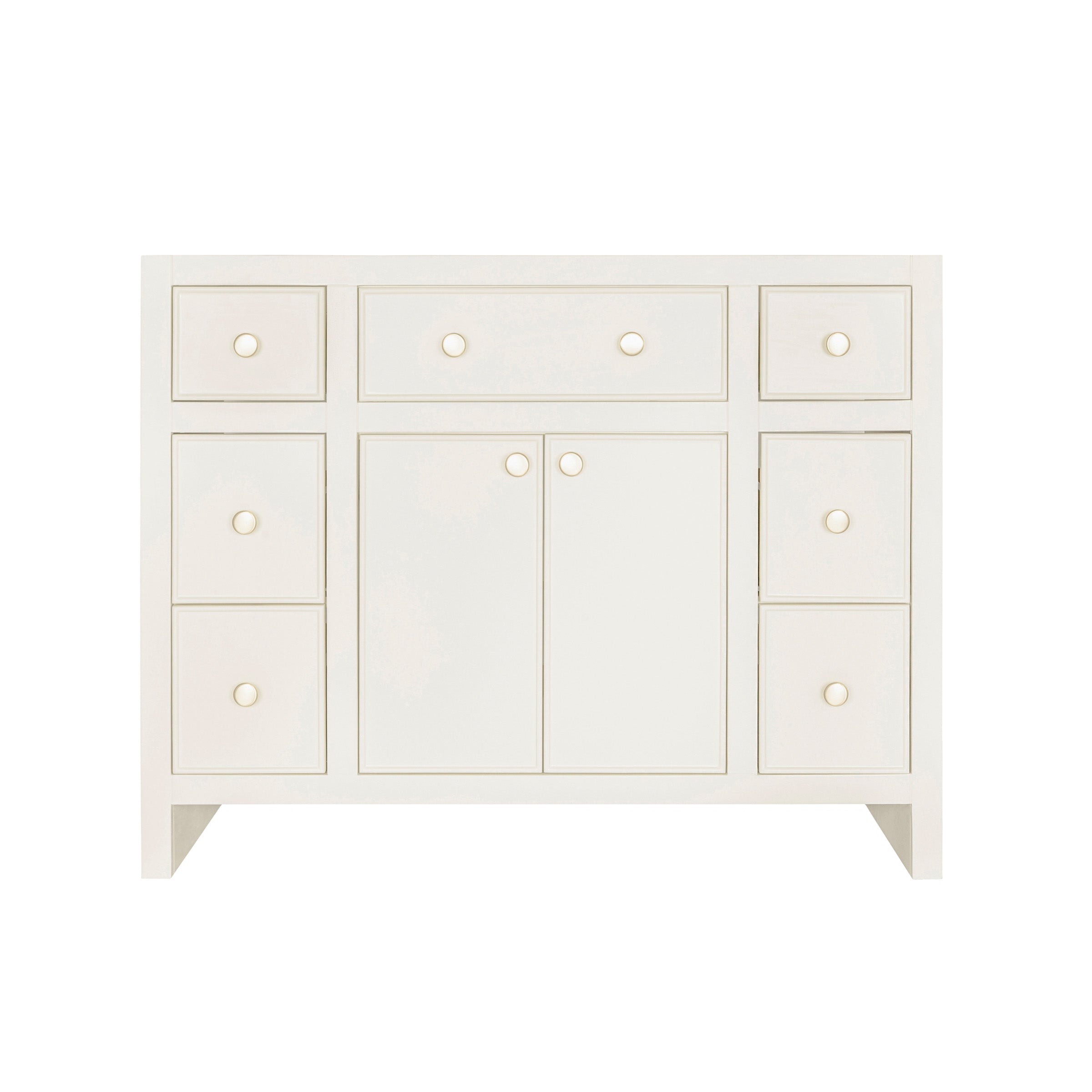The Harlow Bathroom Vanity in taupe with inset doors, round knobs, and leg-mounted design, from trending bathroom vanities.
