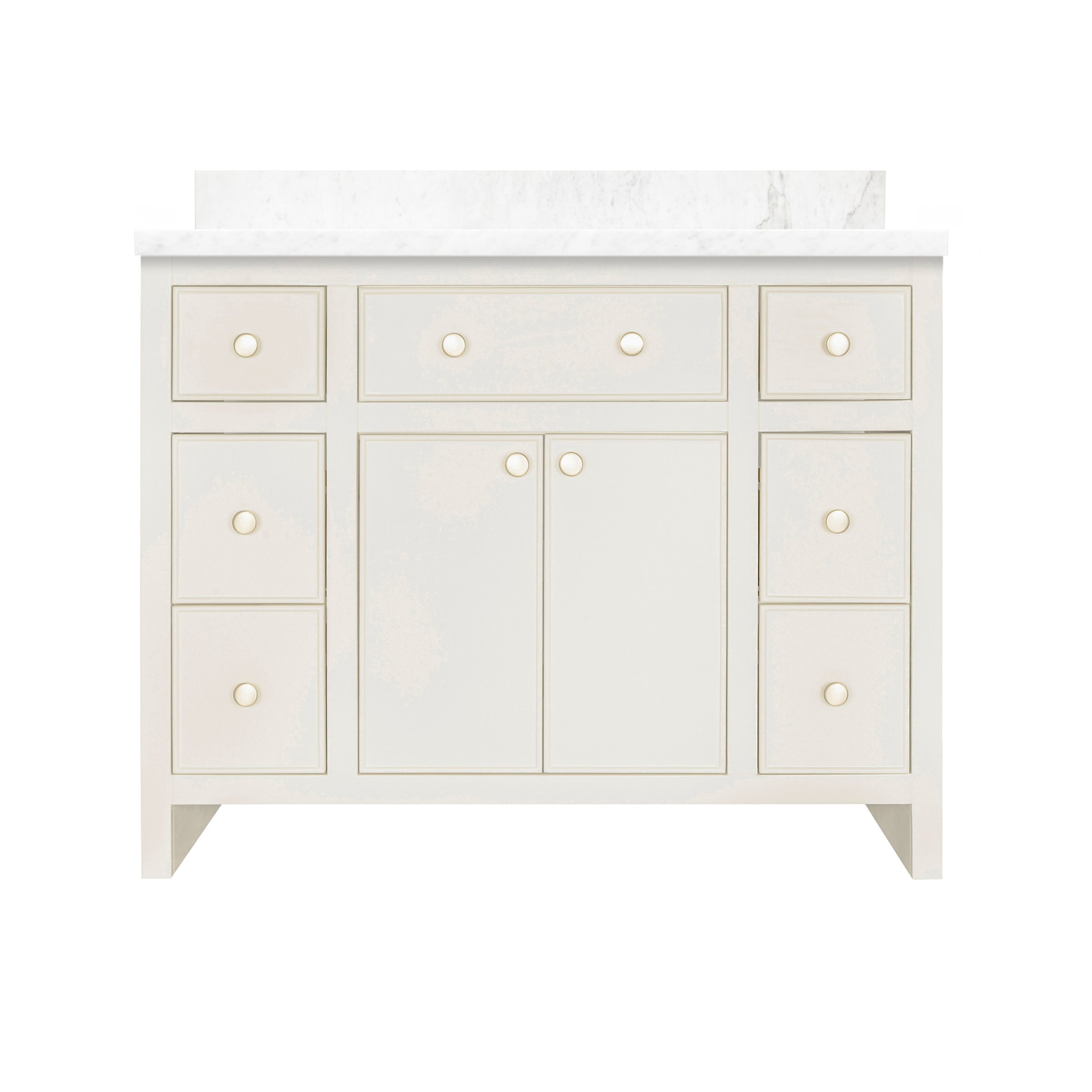 The Harlow Bathroom Vanity in taupe with inset doors, round knobs, and marble countertop, globally sourced for your imagination
