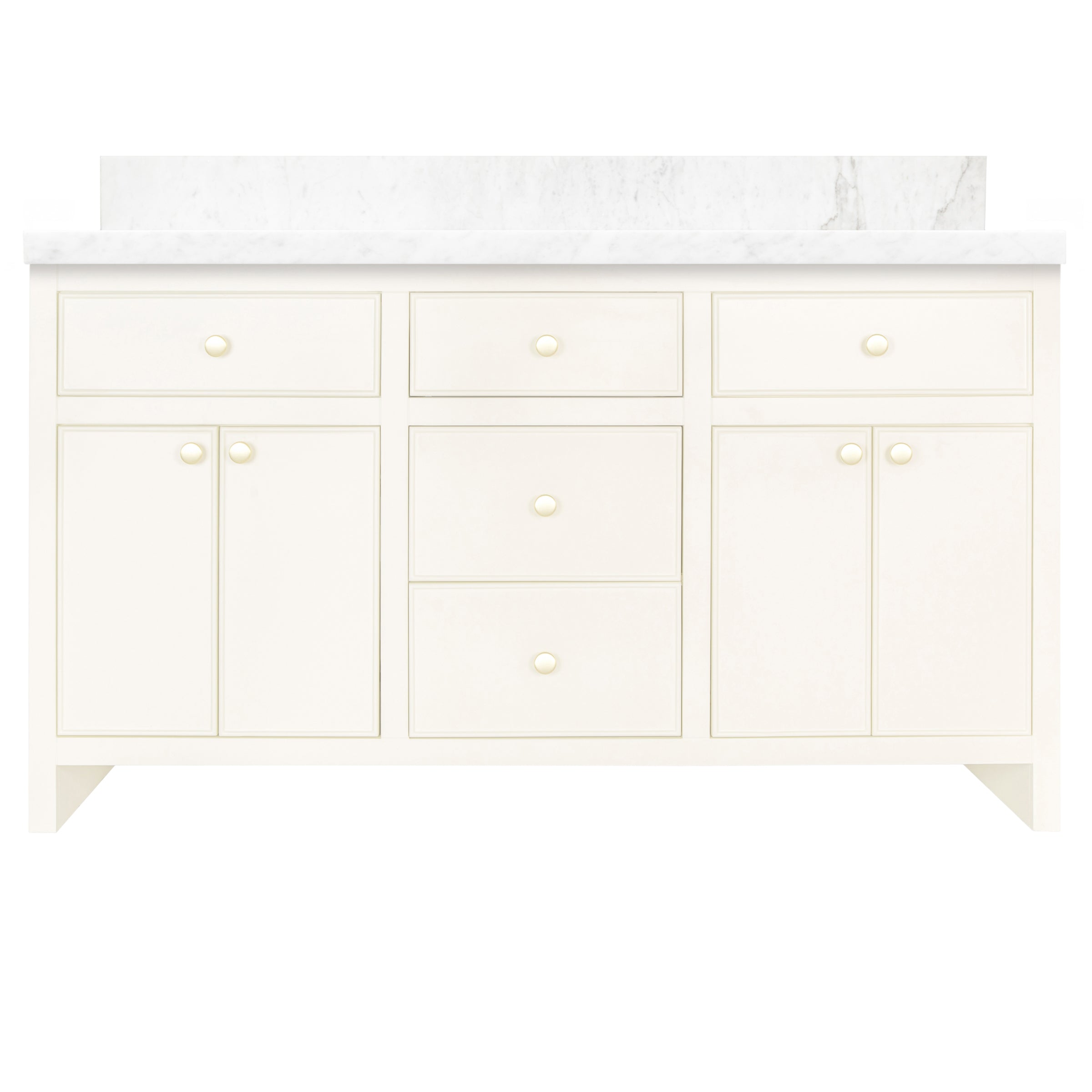 The Harlow Bathroom Vanity in beige plaster with marble effect countertop and brass knobs, sleek storage design