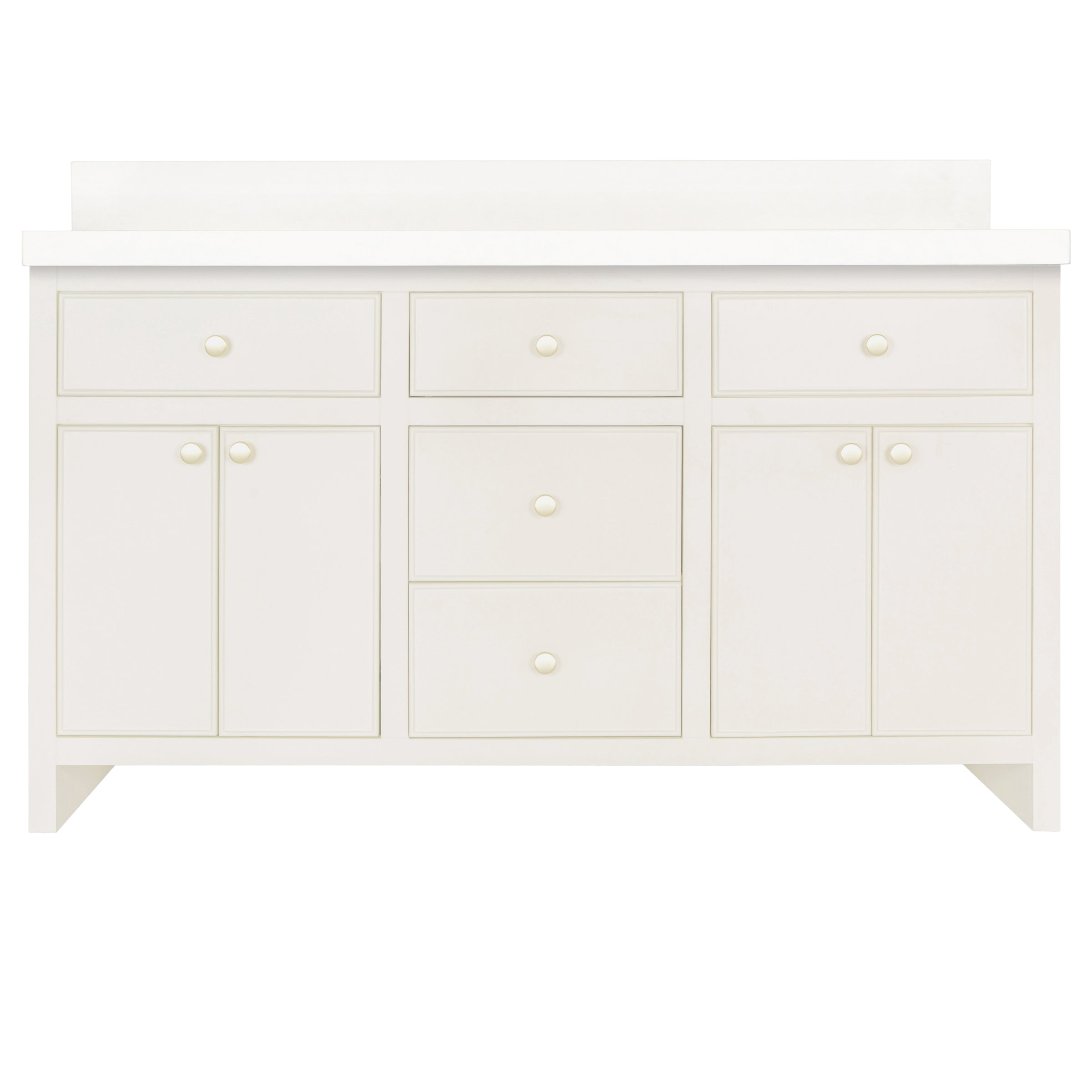 The Harlow Bathroom Vanity in white, featuring inset-style doors, round knobs, and transitional design for bathroom vanities and stone collections.