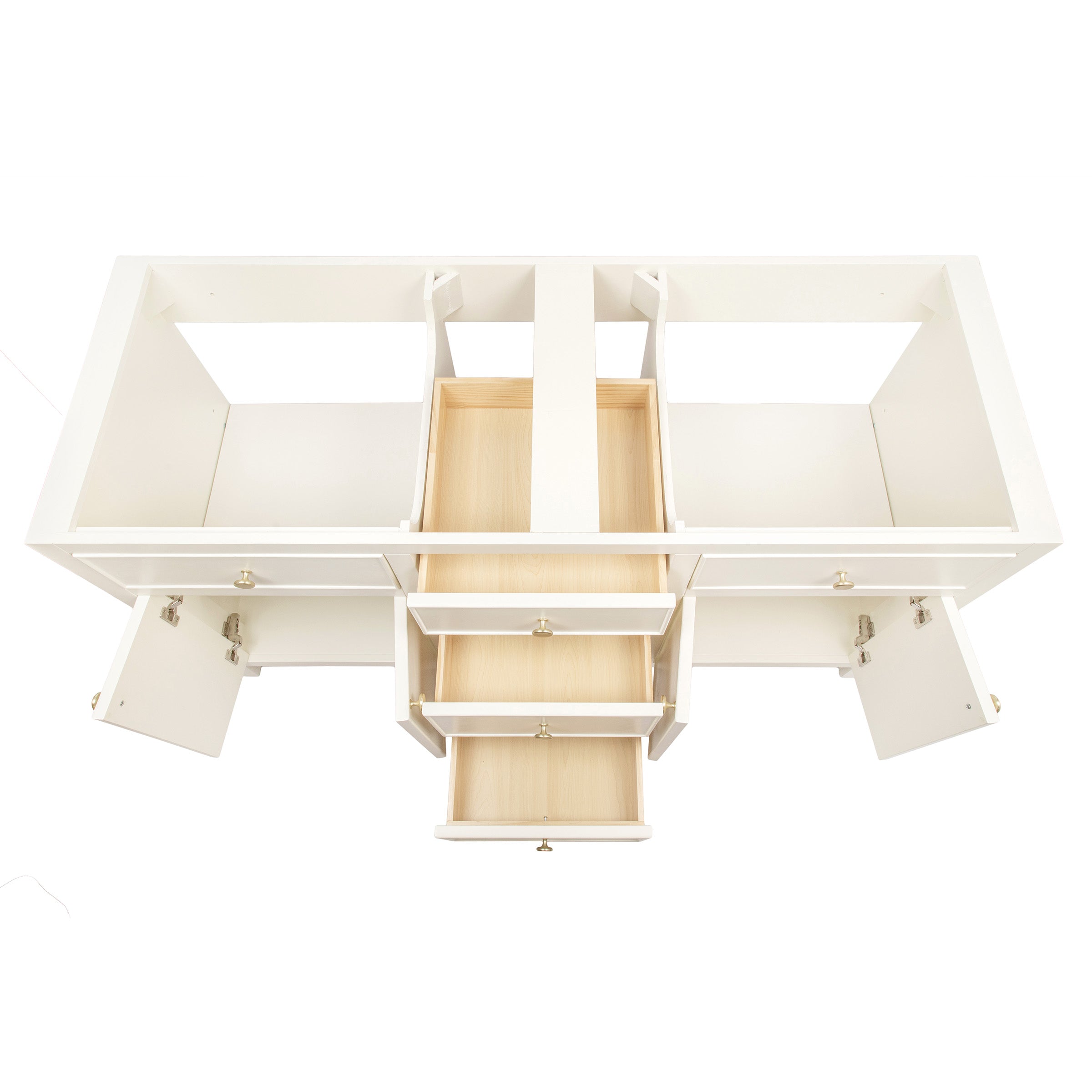 White wooden cabinet with three open drawers and two open side doors viewed from above on white background