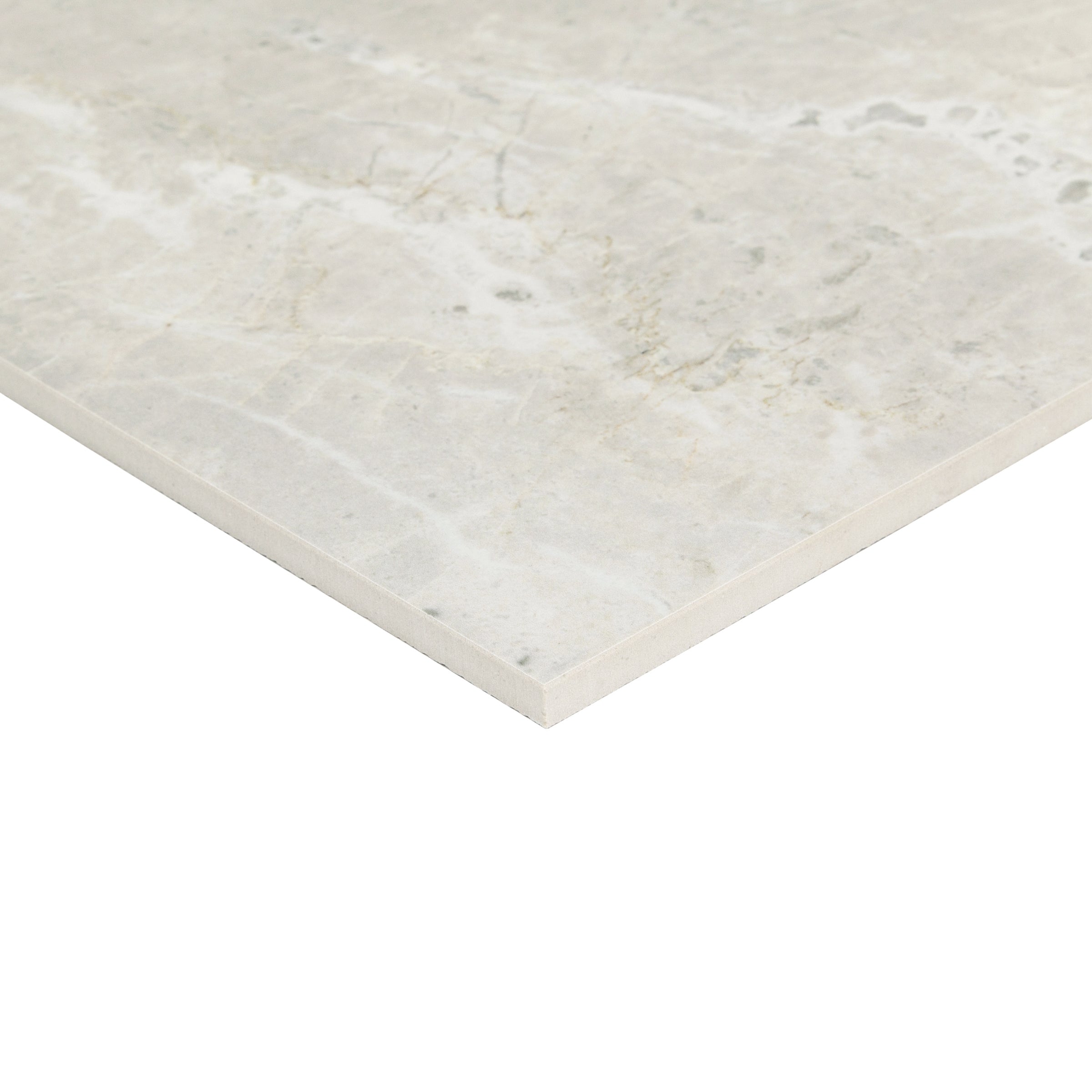 Ivory Marble Look Matte Porcelain Tile showing layered pearl, soft grey, and warm cream tones from Large Format Tiles collection