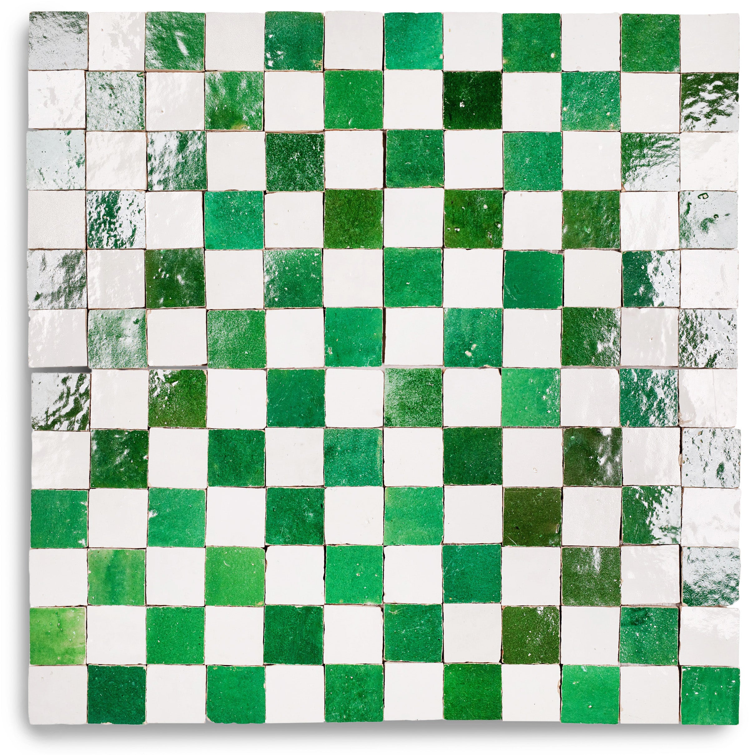 White & Jade 2x2 Zellige Checkerboard Mosaic with green and white terracotta tiles from Handmade Moroccan Zellige Tiles collection