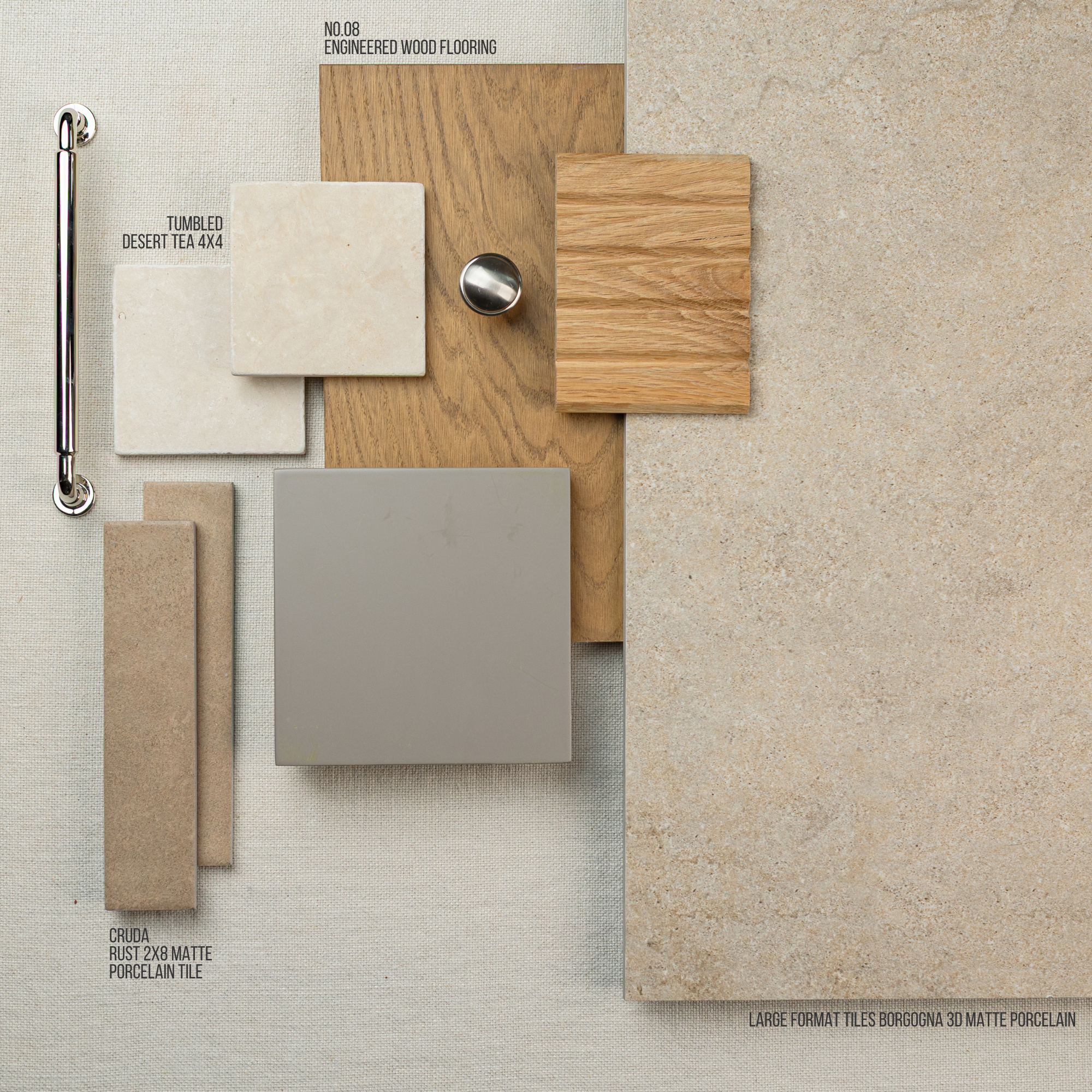 Flat lay of neutral beige large format tiles, porcelain samples, engineered oak wood flooring, and textured ceramic pieces