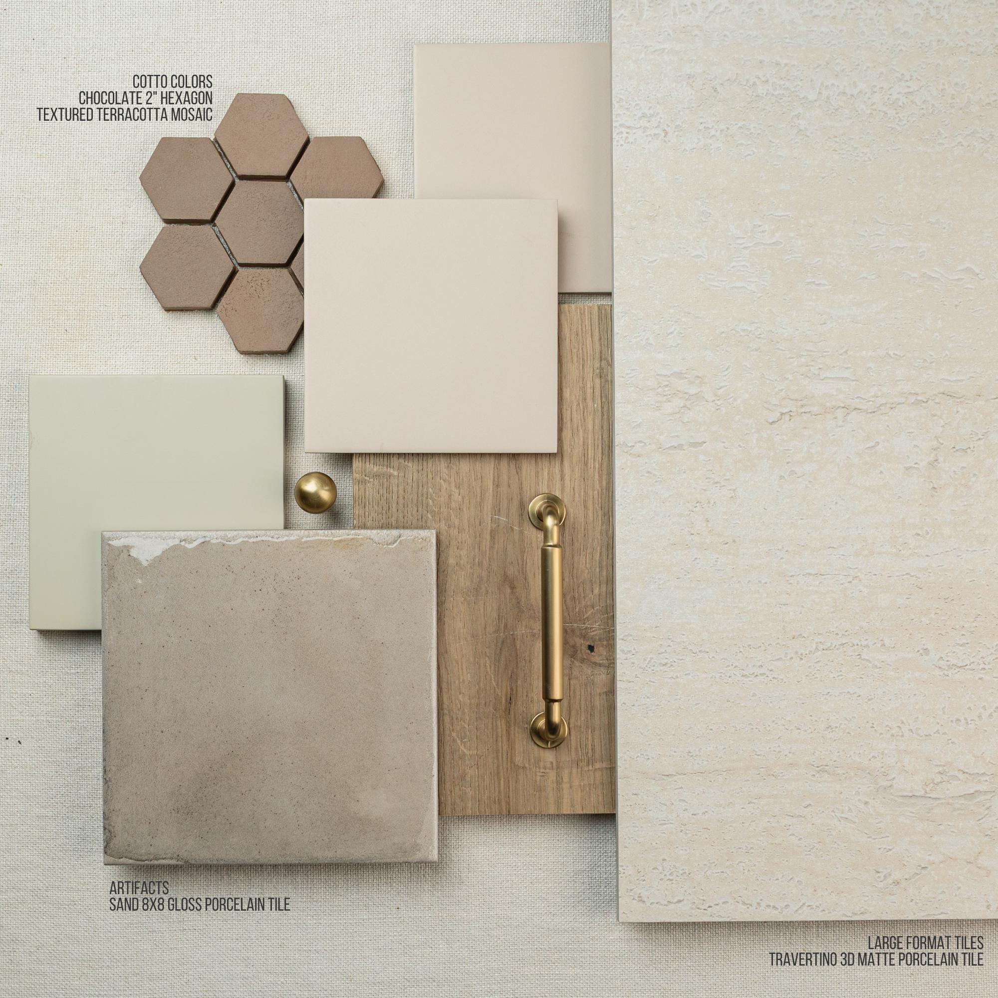 Flat lay of natural beige and cream tiles including matte porcelain, textured hexagon terracotta, and wood grain sample with brass hardware
