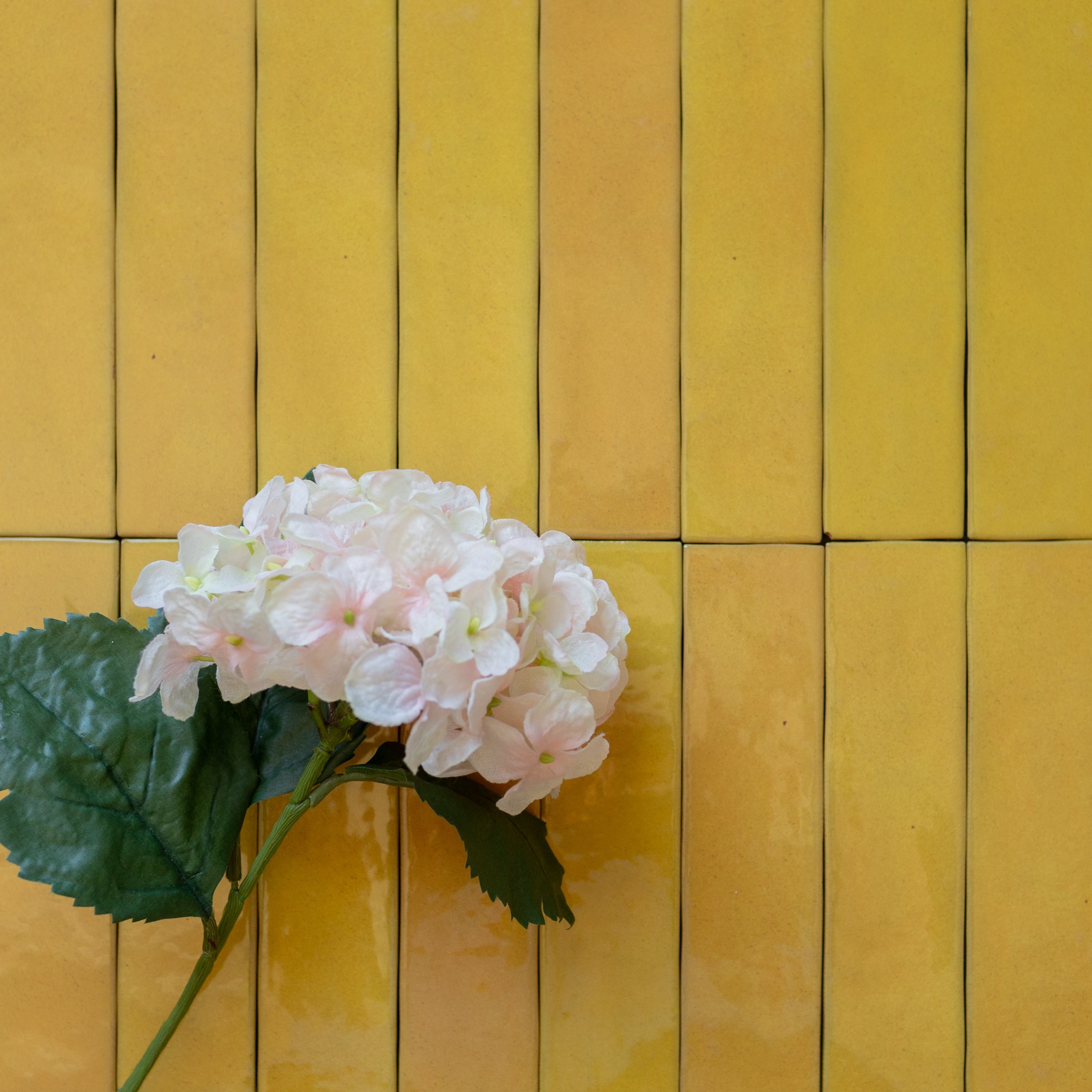 Glossy rectangular mustard yellow ceramic tiles with a soft pink hydrangea and green leaves on top