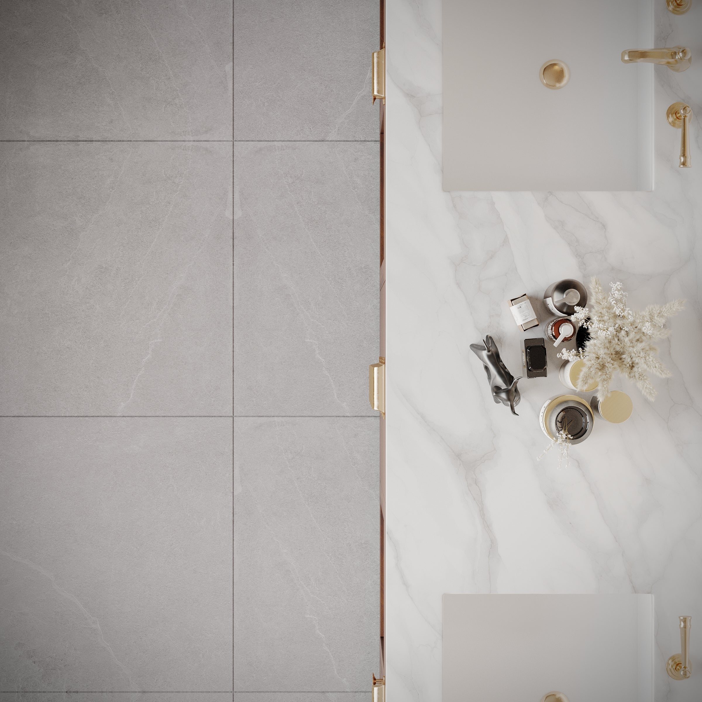 Pearl Slate Look Porcelain Tile in cool grey large format with matte finish, paired with white marble bathroom countertop design.