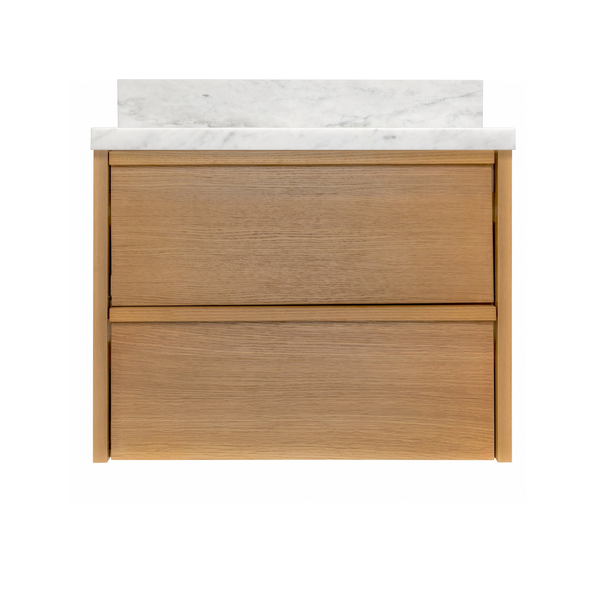 The Dune Bathroom Vanity in beige and brown with two integrated pull drawers and marble-look top from New Arrivals collection