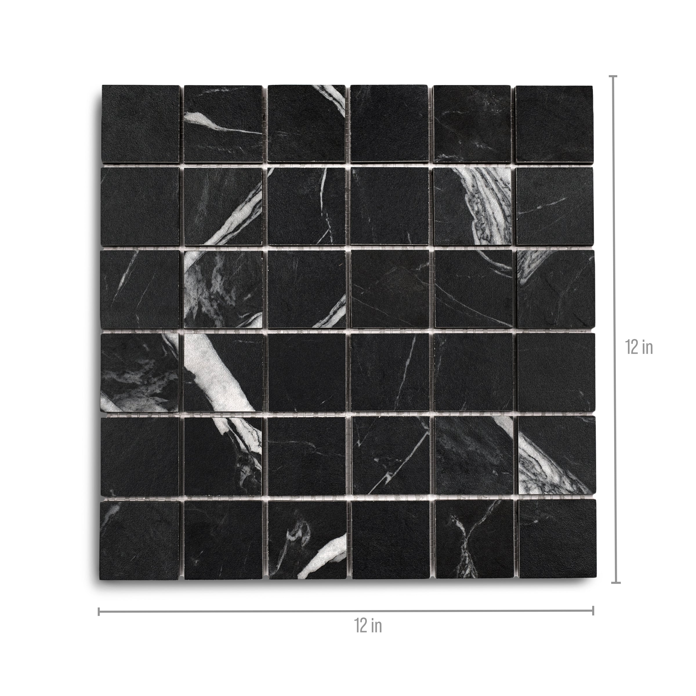 Montblack 12x12 Matte Porcelain Mosaic in deep black with bold white veining from Marble Editions Porcelain Tile collection