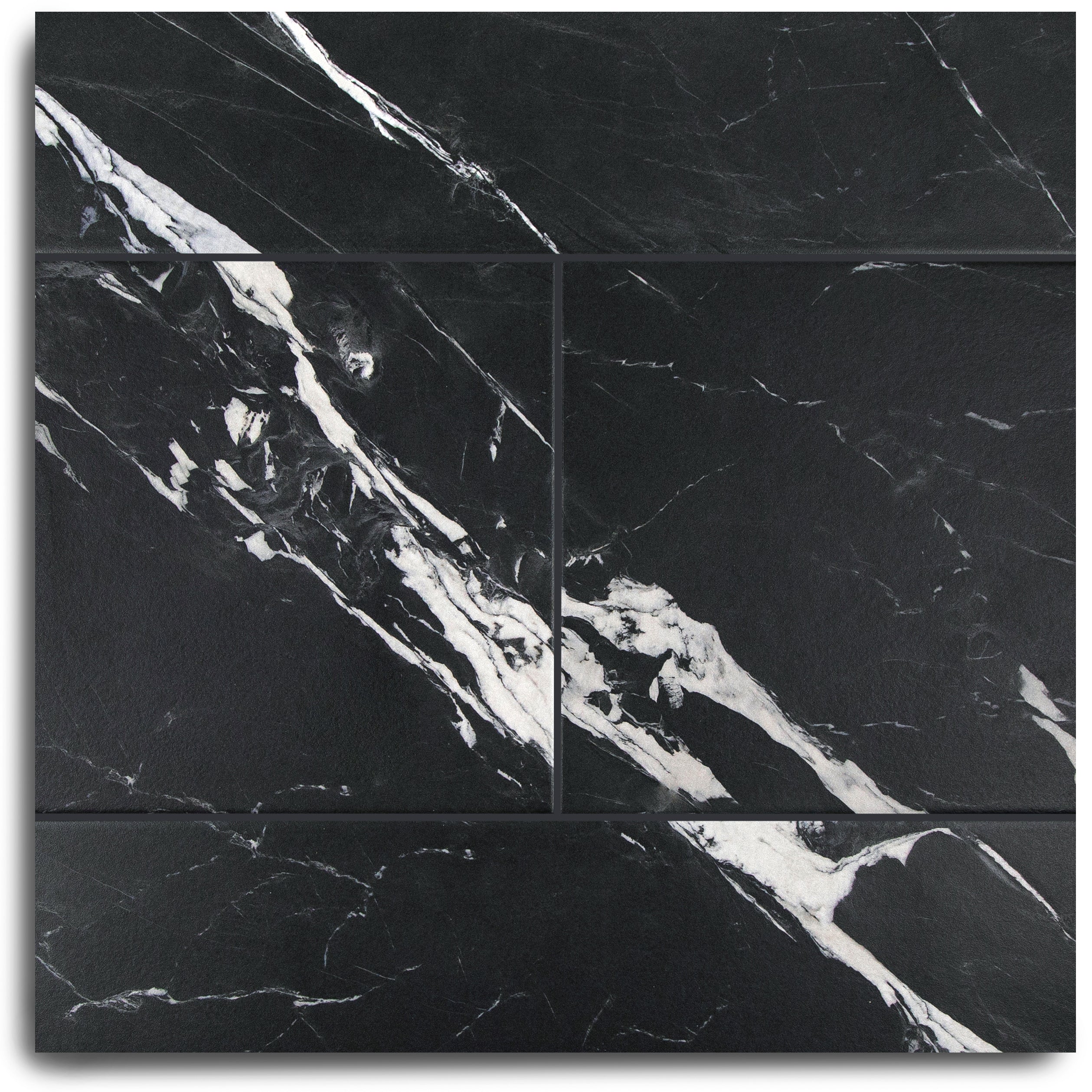 Montblack Matte Marble Look Porcelain Tile in black with bold white veins from Large Format Tiles at Reno Source