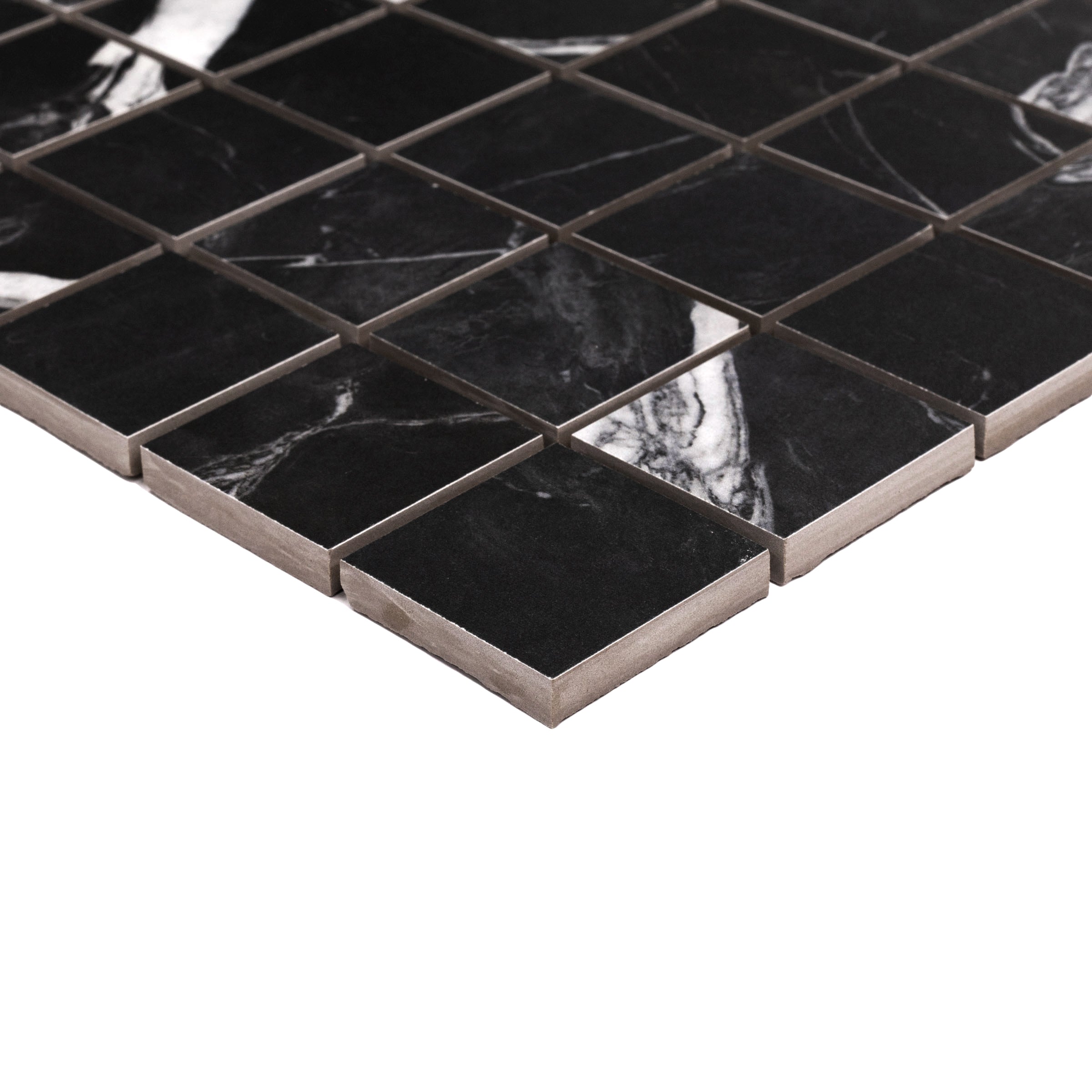 Glossy black square porcelain tiles with white marble-like veining arranged in a grid pattern on a white background