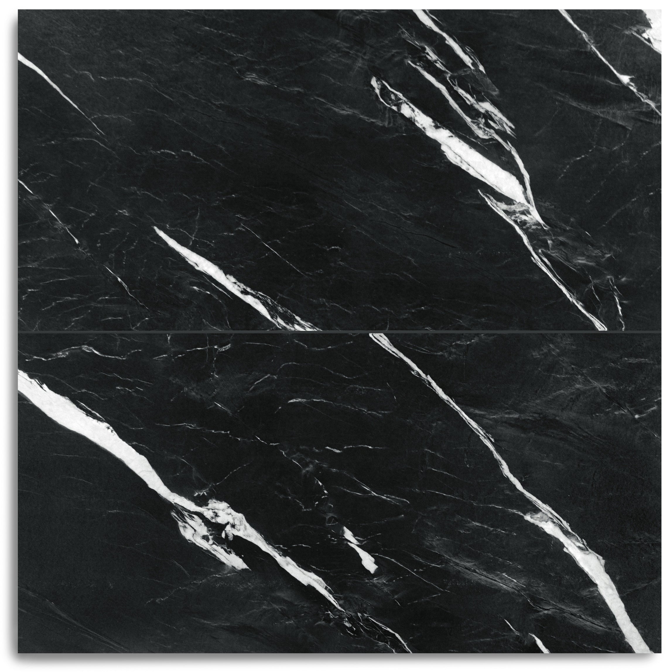 Montblack Matte Marble Look Porcelain Tile with bold black base and striking white veining from Large Format Tiles at Reno Source