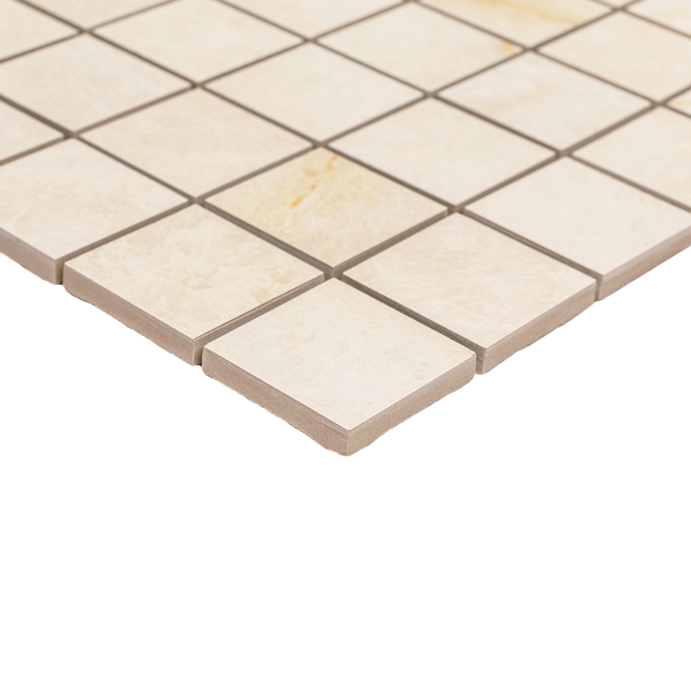 Nuvola Gold 12x12 Porcelain Mosaic in beige with subtle golden veining from Marble Editions Porcelain Tile at Reno Source