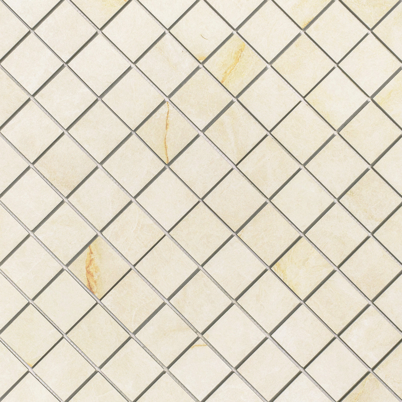 Cream ceramic mosaic tiles with faint golden and beige marbling arranged in a diagonal grid pattern with light grout lines