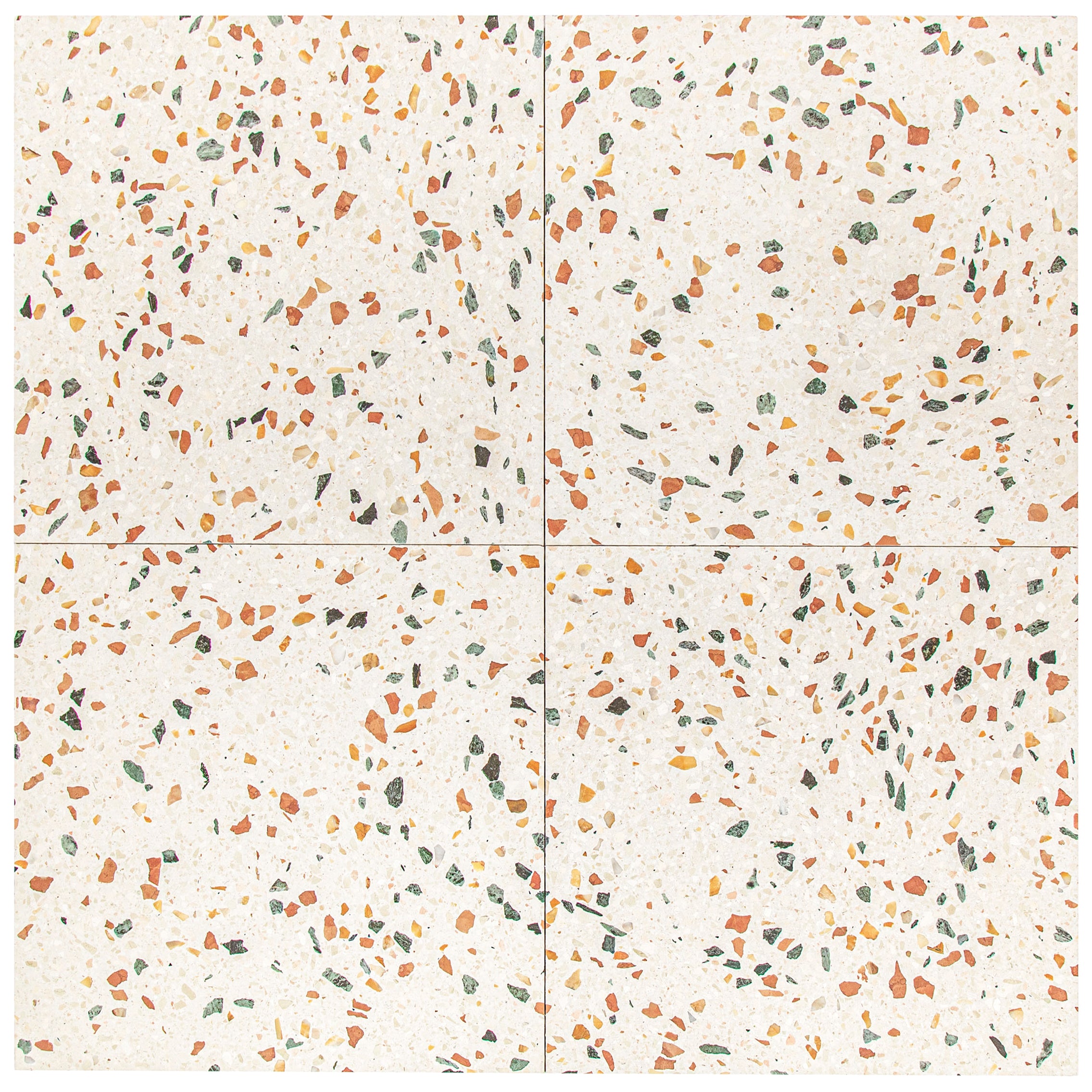 Murano Honed 24"x24"Terrazzo Tile with cream base and multicolor forest green, amber, burnt orange, and black chips from Italian Terrazzo Tiles