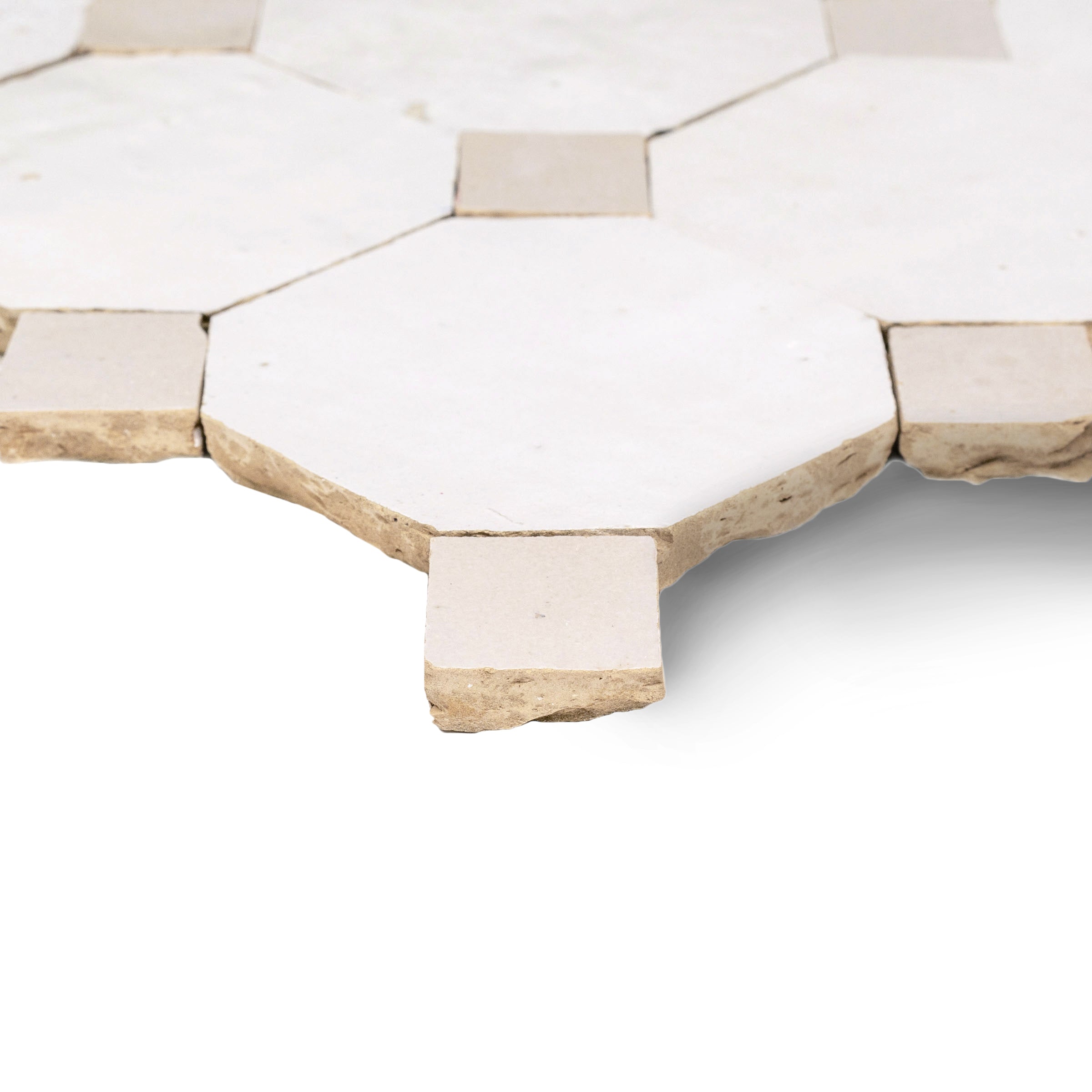 White & Ecru Octagon Zellige Mosaic with terracotta tiles in soft tonal design from Handmade Moroccan Zellige Tiles and New Arrivals