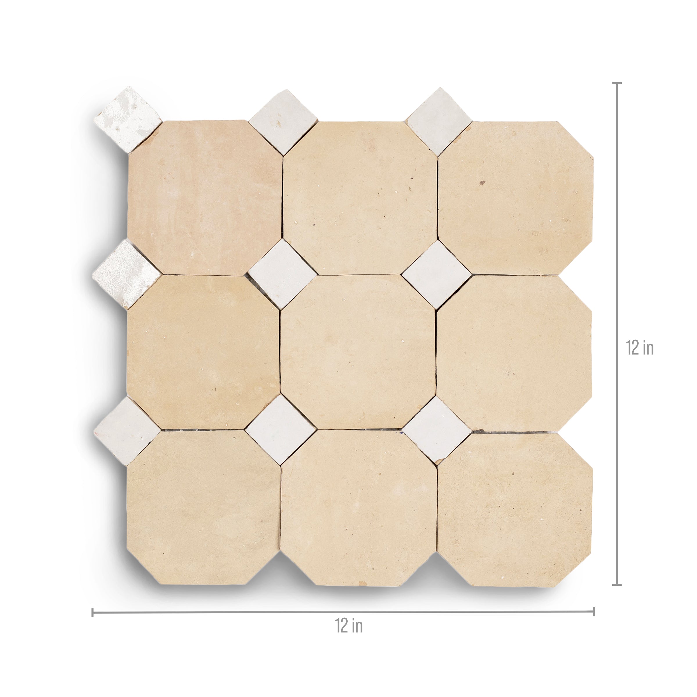 Unglazed & White Octagon Zellige Mosaic with terracotta octagons and white dots from Handmade Moroccan Zellige Tiles collection