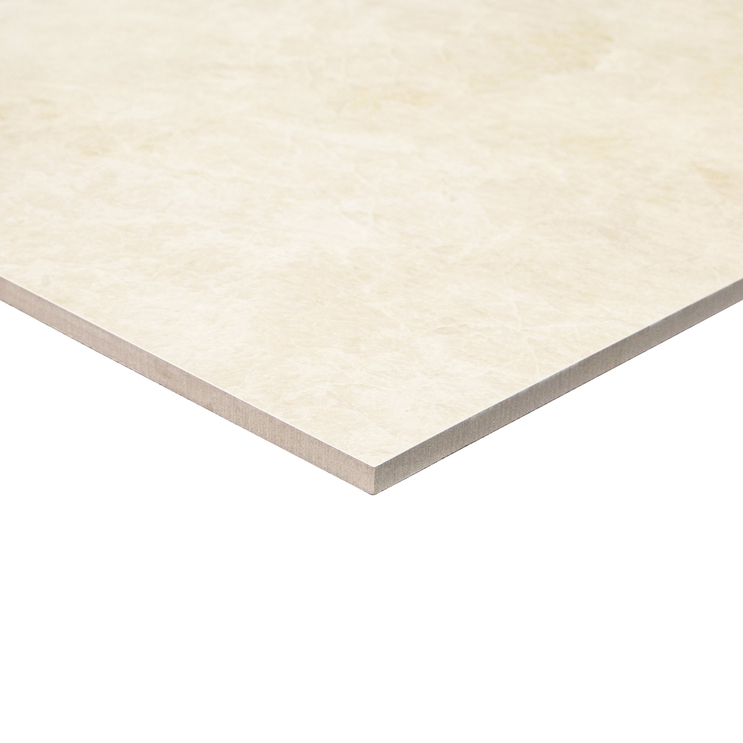 Light cream porcelain tile with subtle marble-inspired veining and a smooth matte finish shown at a corner angle