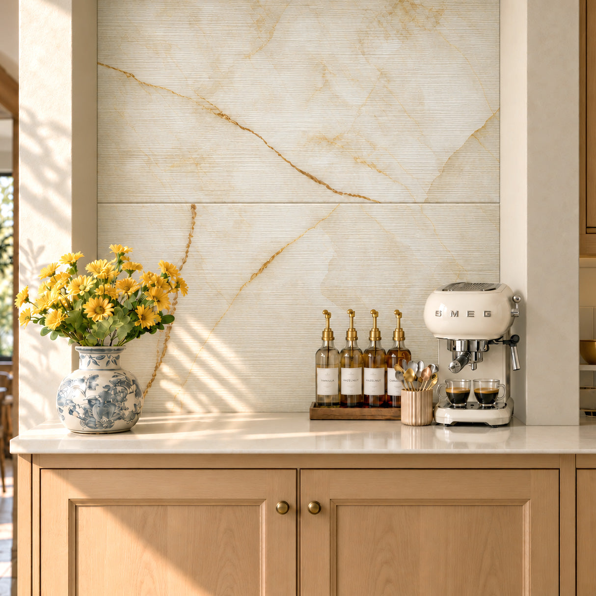 Kitchen counter with a veined stone backsplash, flowers, bottles, and an espresso machine