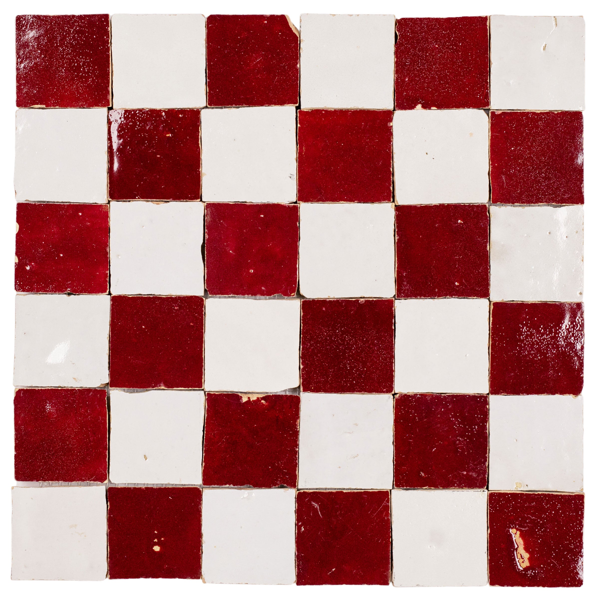 White & Oxblood Checkerboard Zellige Sample ceramic tiles in checkerboard pattern from SAMPLES ONLY collection.